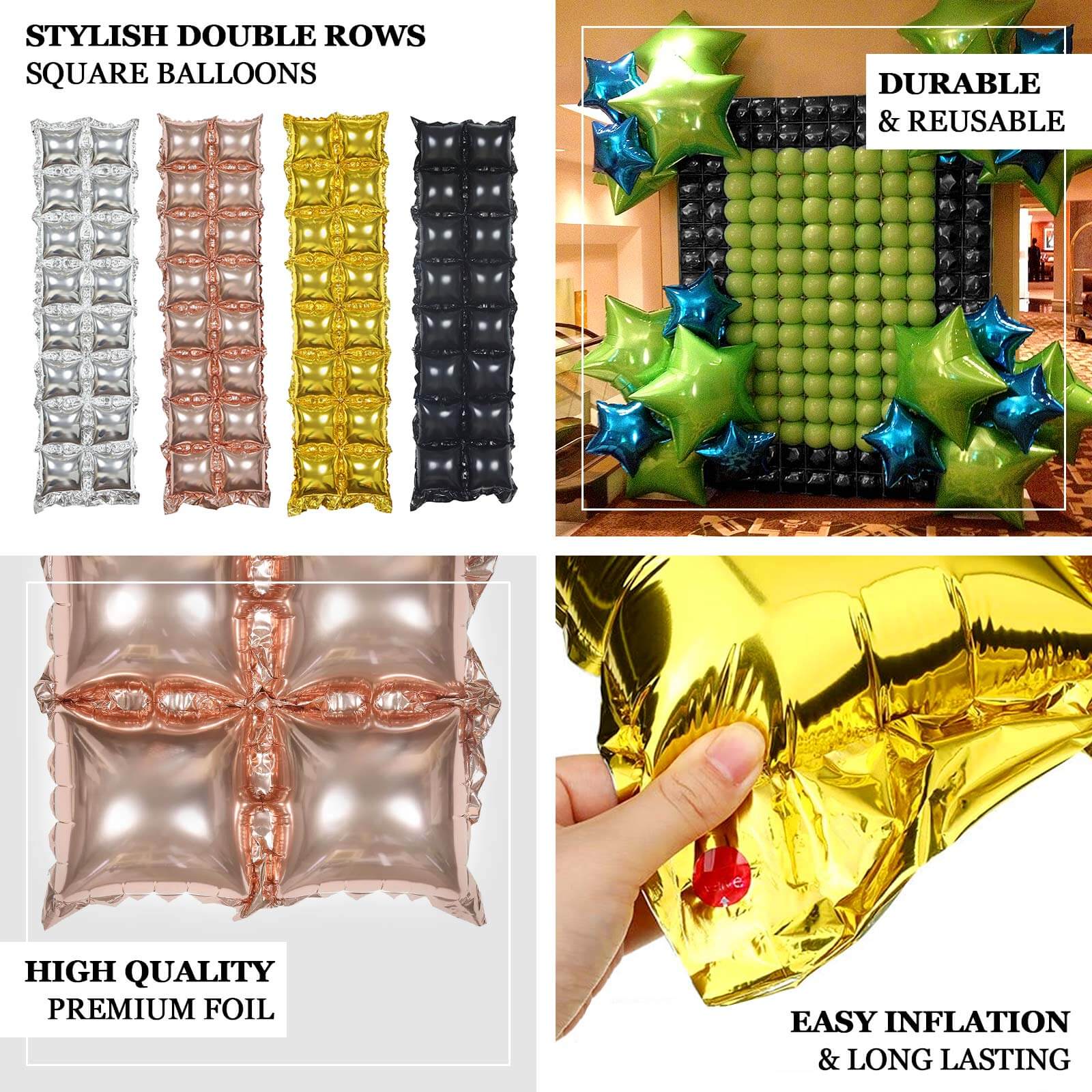 10 Pack Metallic Rose Gold Double Row Mylar Foil Balloon Wall, Square Diamond Design Balloon Backdrop - 43x11