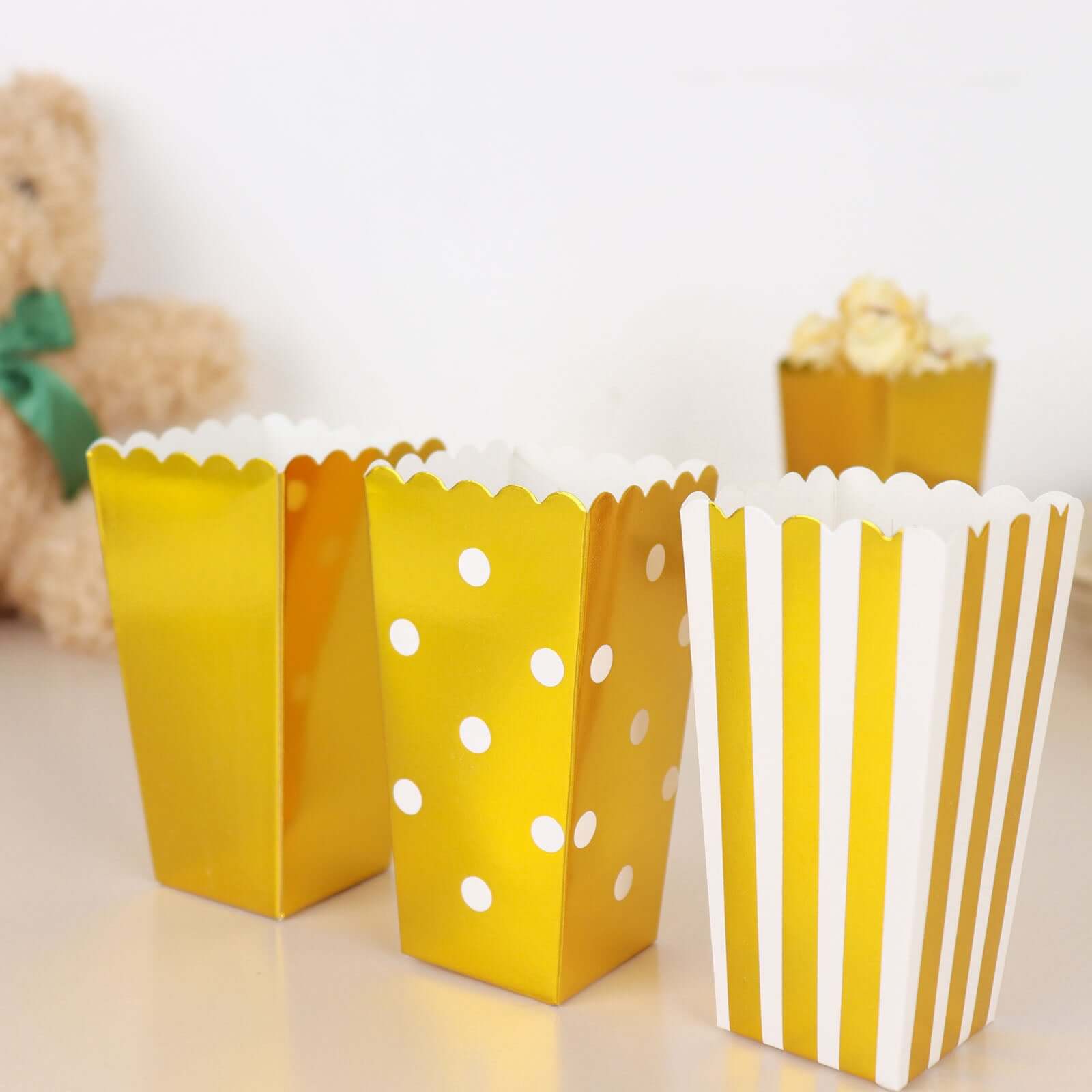 36 Pack 5 White Gold Design Mini Paper Popcorn Boxes, Candy Favor Disposable Bags - Stripe, Polka Dot, Solid Style