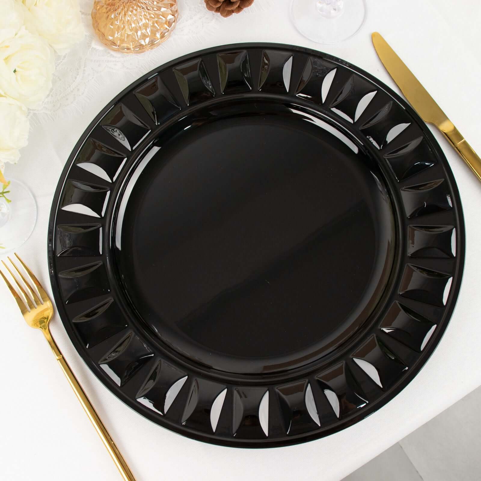 6-Pack Plastic Round Charger Plates 13 in Black with Bejeweled Rim, Luxe Decorative Dinner Party Charger Tableware