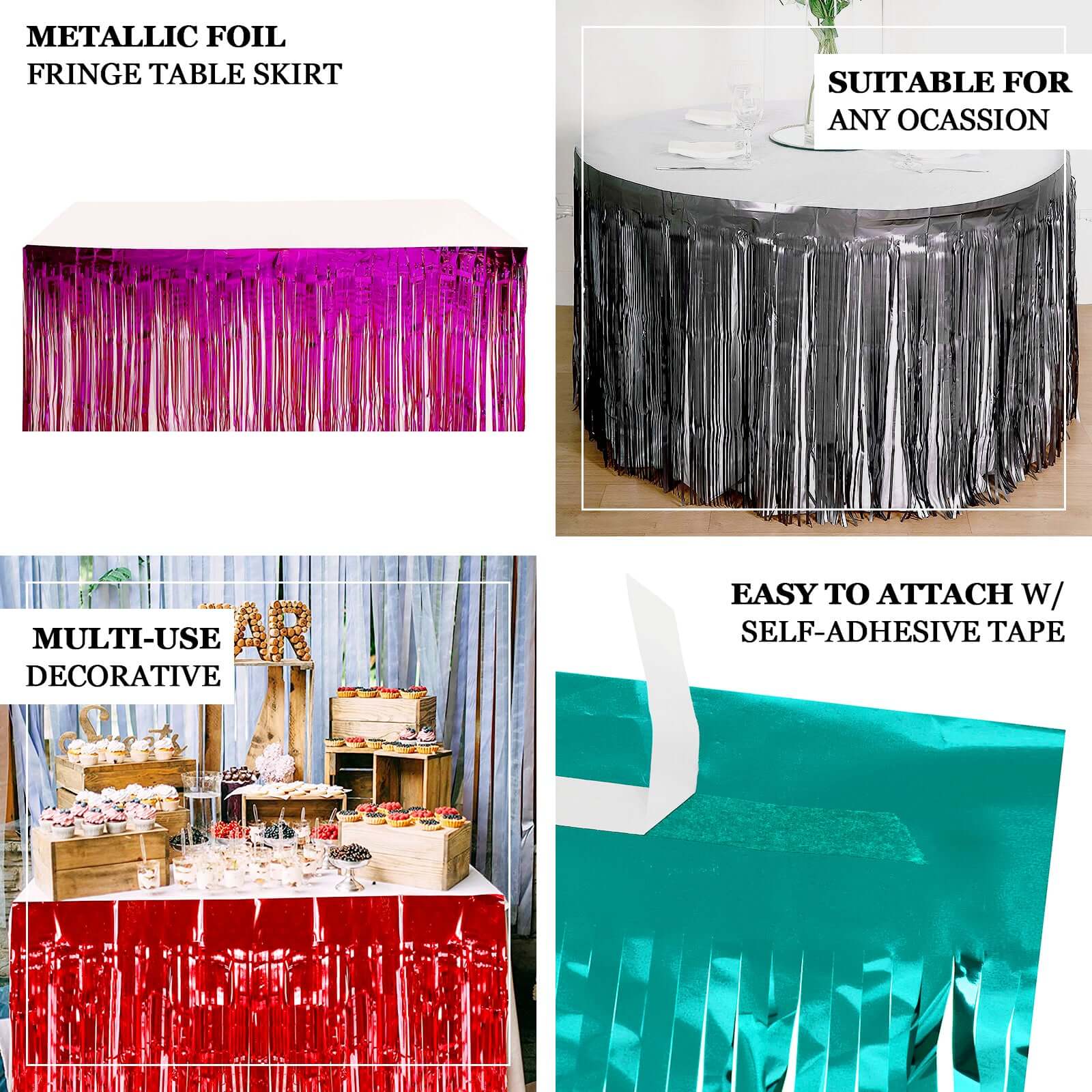 30x9ft Purple Metallic Foil Fringe Table Skirt, Self Adhesive Tinsel Table Skirt