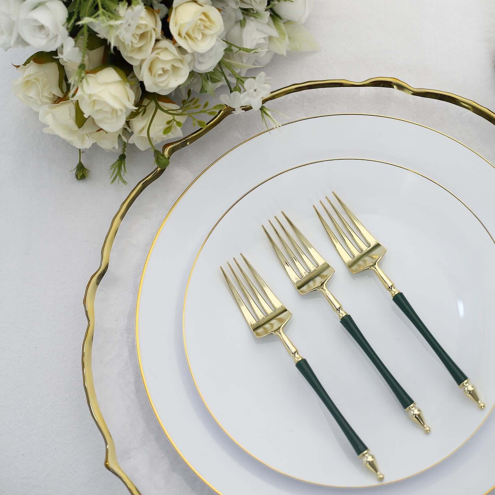 24 Pack 6 Gold Hunter Emerald Green Plastic Dessert Forks With Roman Column Handle, European Style Disposable Utensils