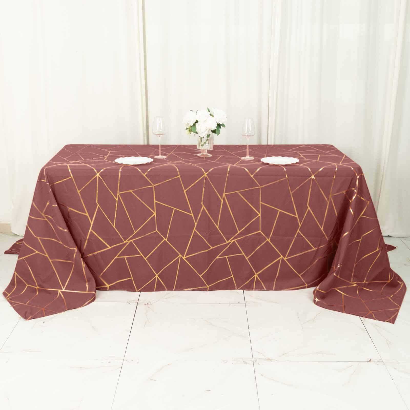 Polyester 60x132 Rectangle Tablecloth Cinnamon Rose with Gold Foil Geometric Pattern - Wrinkle-Resistant and Durable Table Cover for Weddings & Events