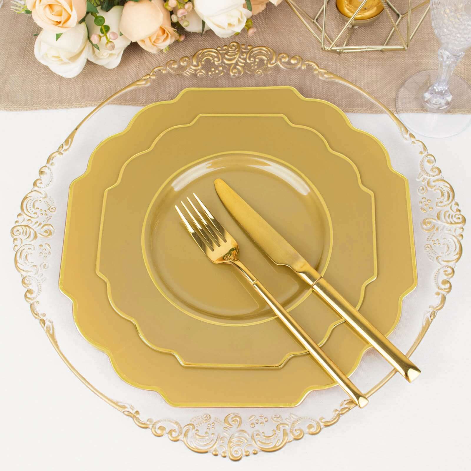 10-Pack Plastic Dessert Appetizer Plates in Gold Baroque Design with Scalloped Gold Rim - Heavy Duty Disposable Salad Plates 8