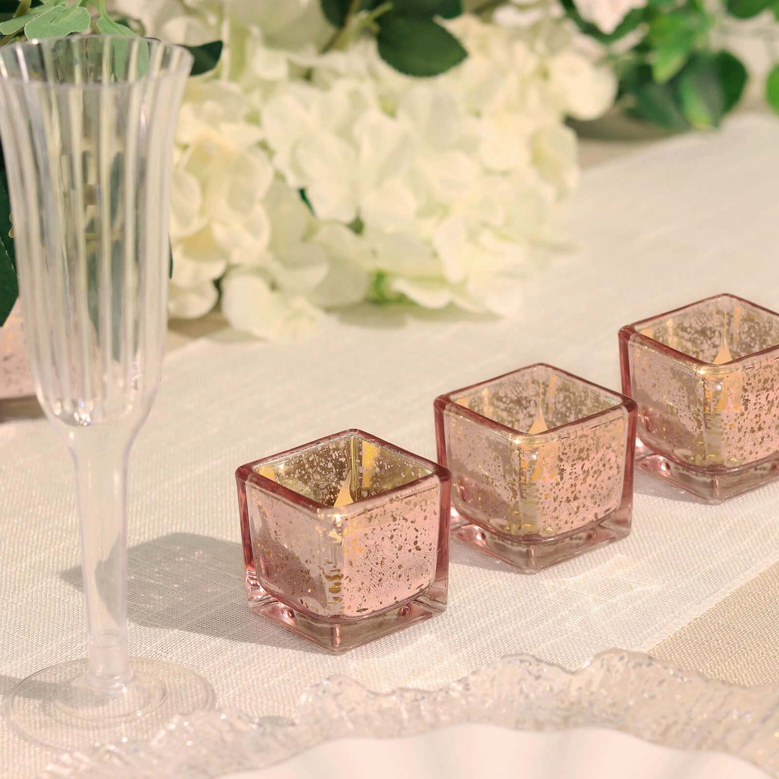 12-Pack Mercury Glass Candle Holders Rose Gold with Speckled Design - Square Votive Tealight Holders 2