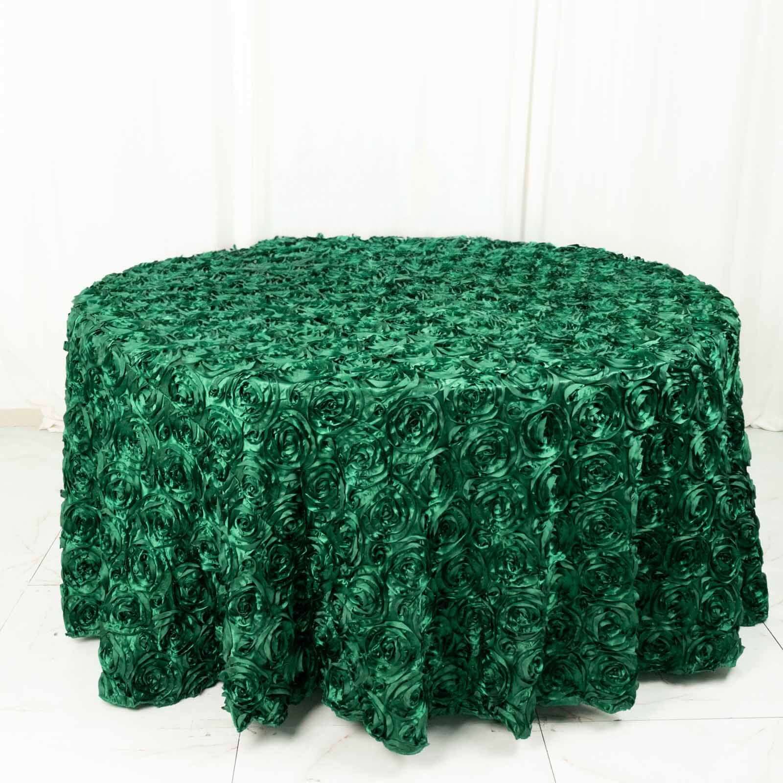 Satin 120 Round Tablecloth Hunter Emerald Green - Grandiose 3D Rosette with Seamless Finish Table Cover