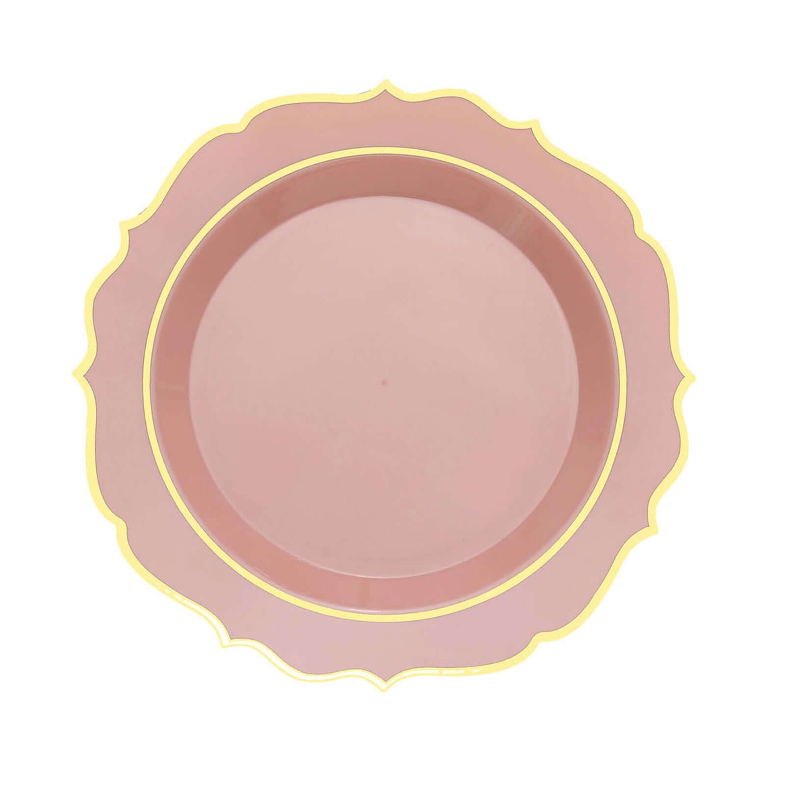 10-Pack Plastic 8 Round Desert Plates in Dusty Rose with Gold Scalloped Rim - Disposable Appetizer/Salad Plates