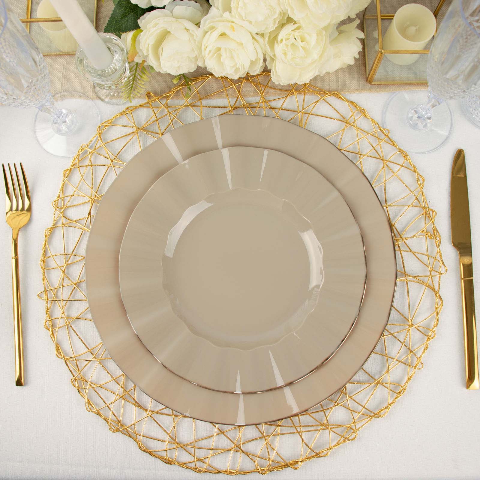 10-Pack Plastic 9 Round Dinner Plates in Taupe Ruffled Rim with Gold Edging - Sturdy Disposable Dinnerware