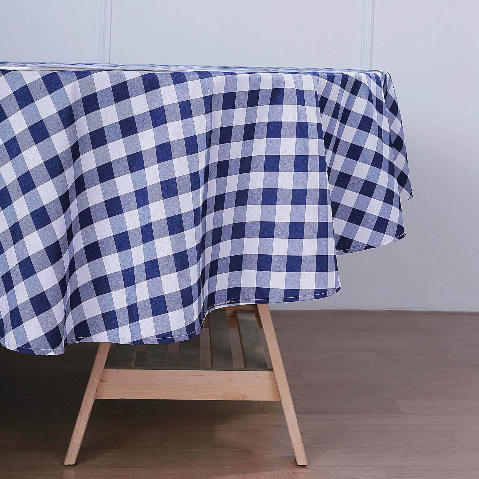 Polyester 108 Round Tablecloth White/Navy Blue - Checkered Buffalo Plaid Table Cover