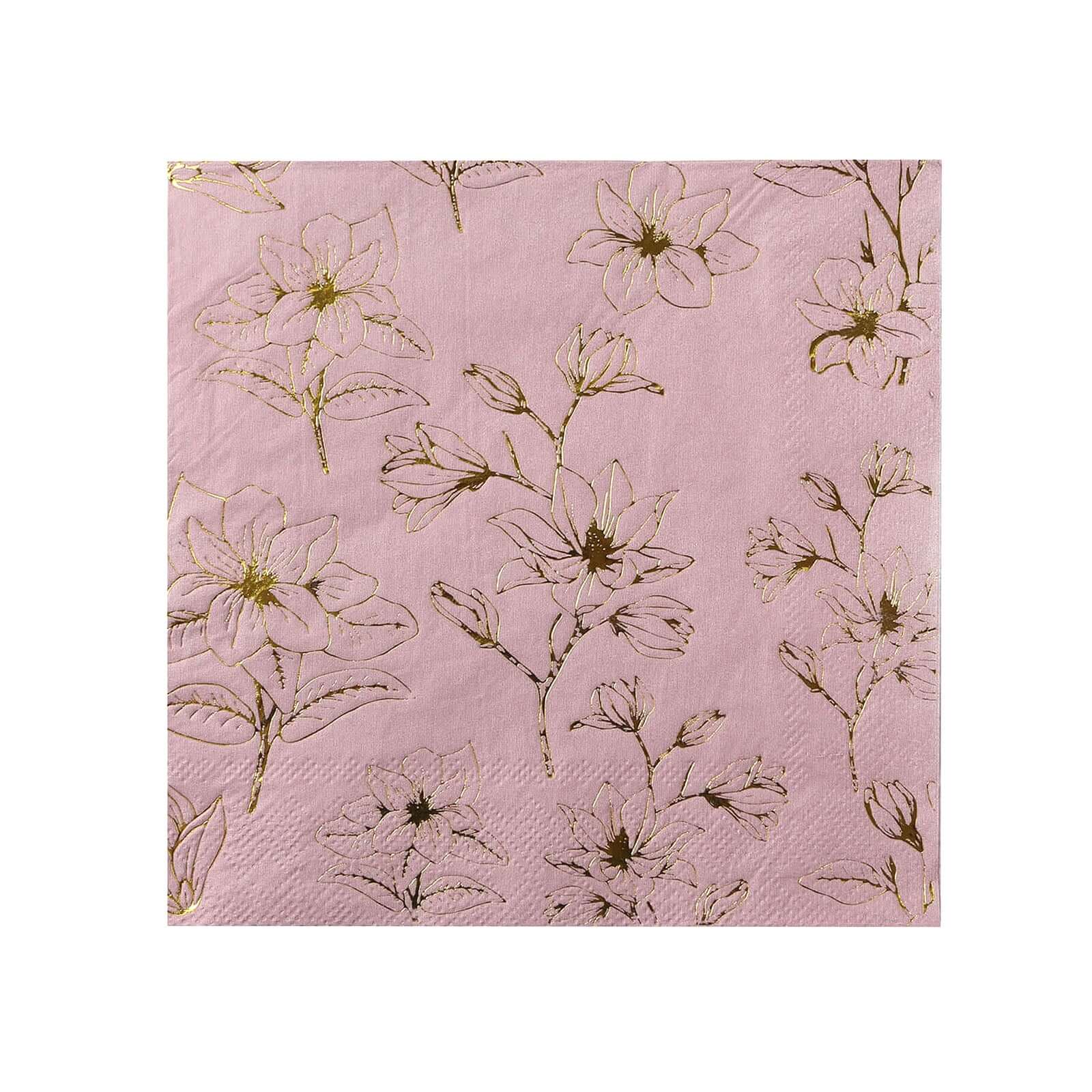 50-Pack Paper Cocktail Napkins with Gold Magnolia Flowers Print Dusty Rose - Highly 2 Ply Absorbent Soft Napkins for Beverages