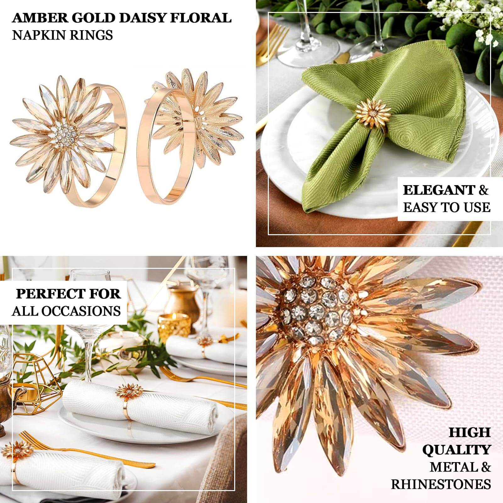 4 Pack Amber Gold Daisy Floral Metal Napkin Holders with Rhinestone Accents, Decorative Napkin Rings - 2