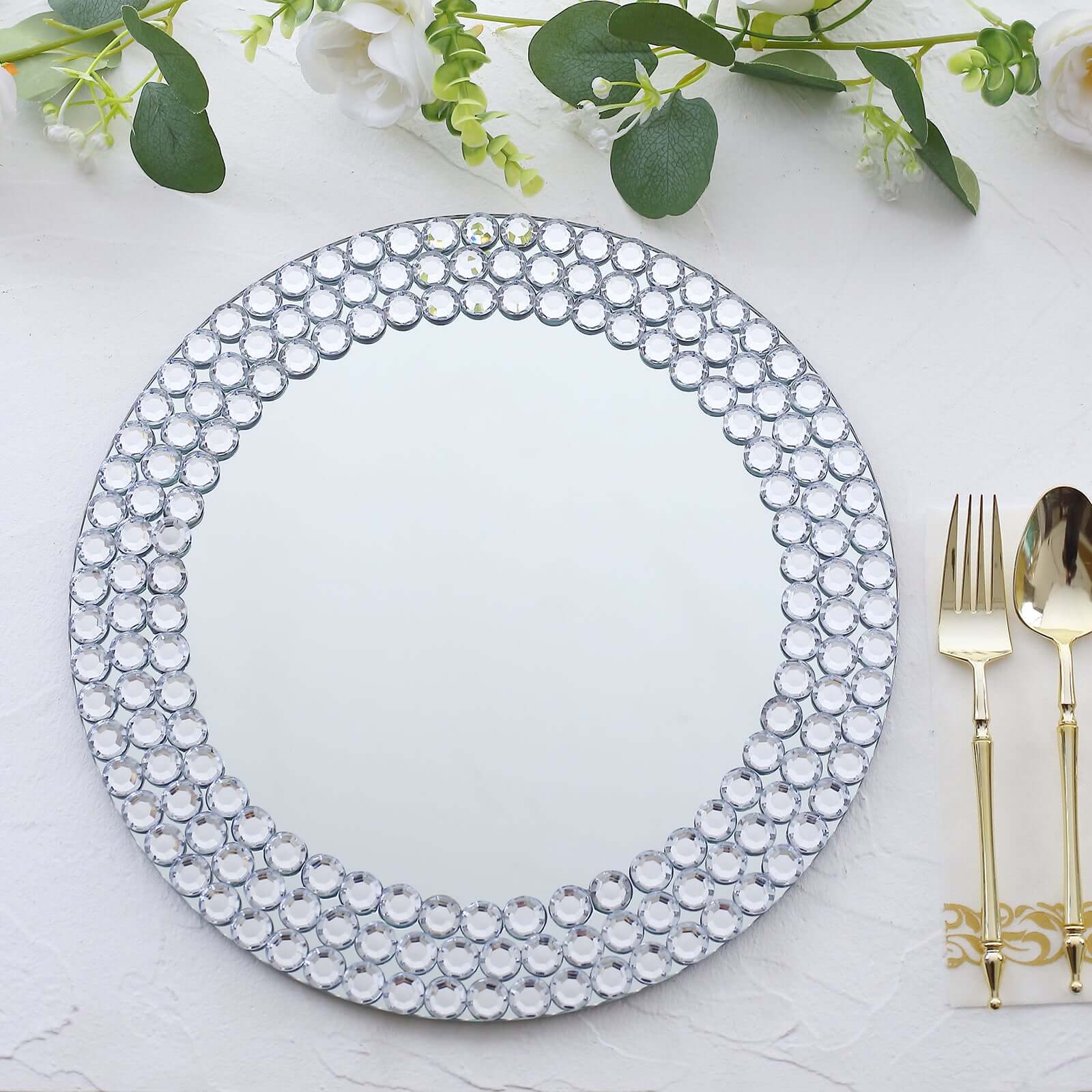 2-Pack Mirror Glass Round Charger Plates 13 with Silver Mirror Diamond Beaded Rim, Upscale Decorative Chargers