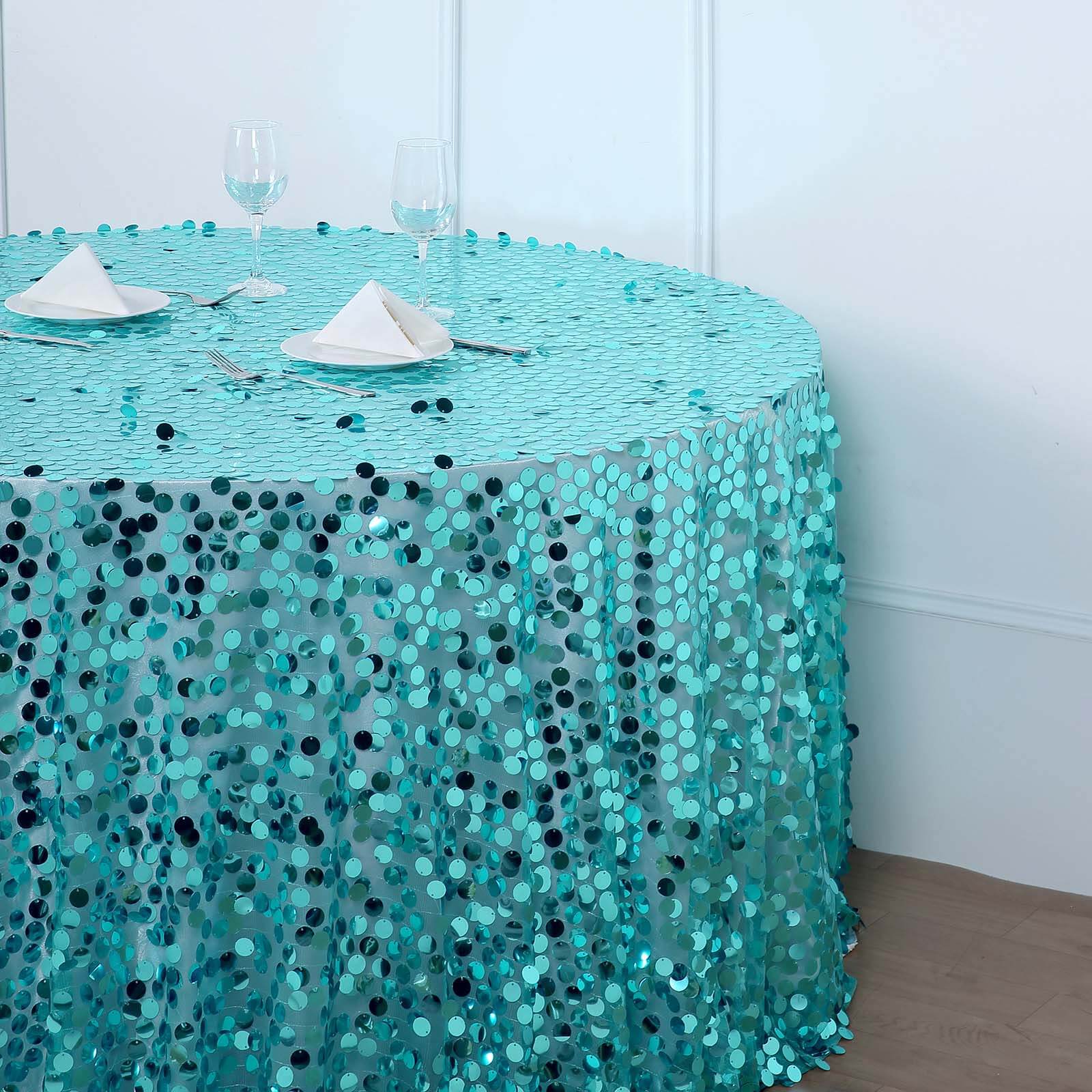 Sequin 120 Round Tablecloth Turquoise - Seamless Big Payette Table Cover