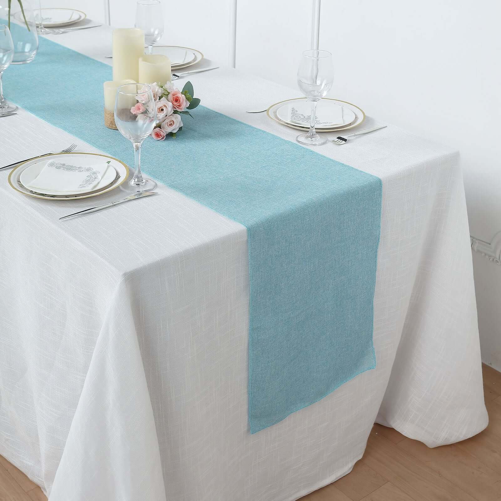 14x108 Turquoise Boho Chic Rustic Faux Burlap Cloth Table Runner