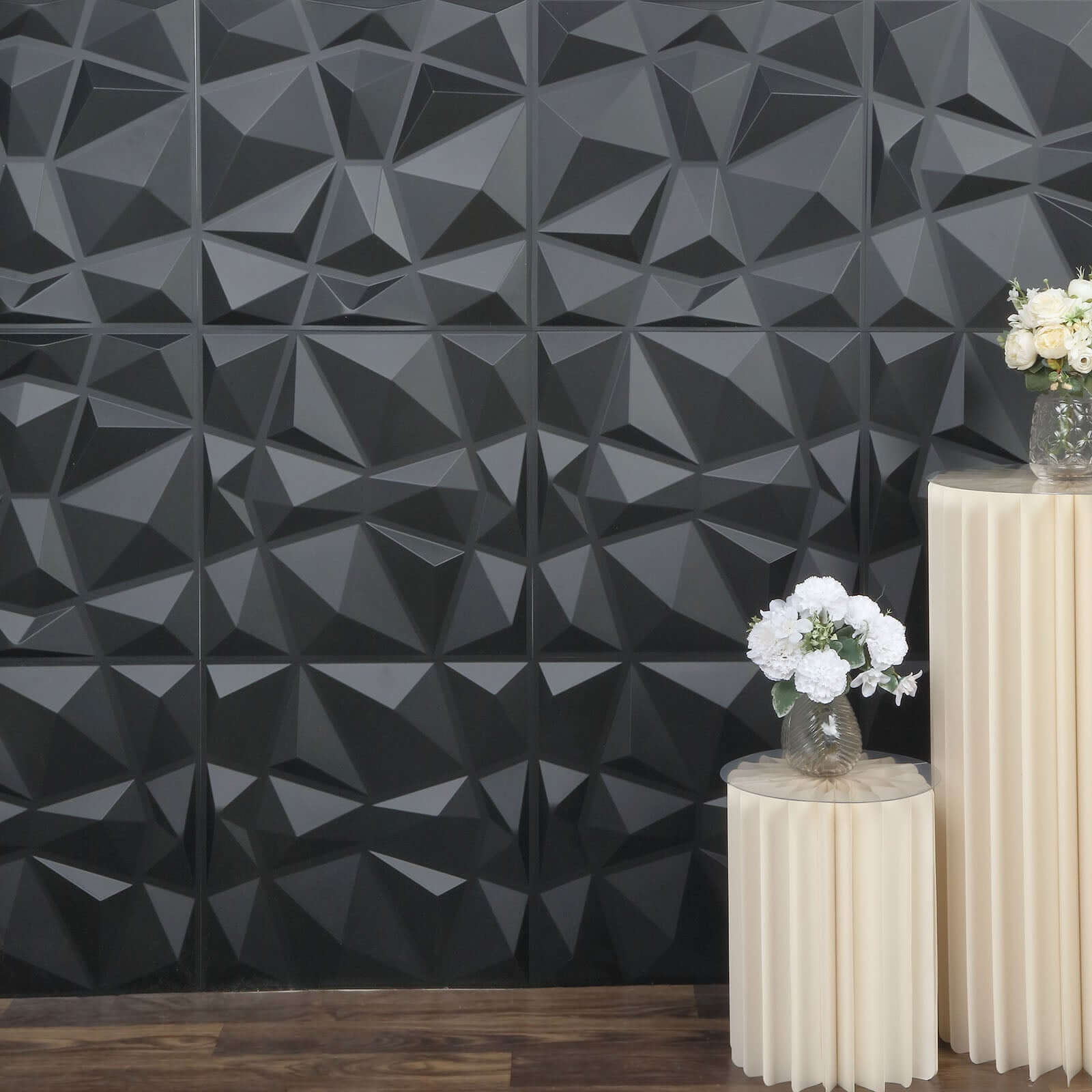 12 Pack 20x20 Matte Black 3D Texture PVC Diamond Design Wall Tiles, Stick On Waterproof Wall Panels