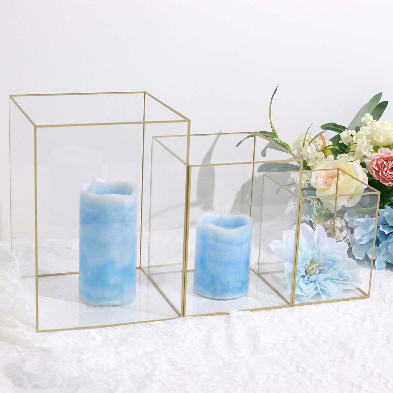 Set of 3 Candle Holders Acrylic Flower Display Boxes with Gold Rims Clear - Decorative Pillar Centerpieces 6, 8, 10