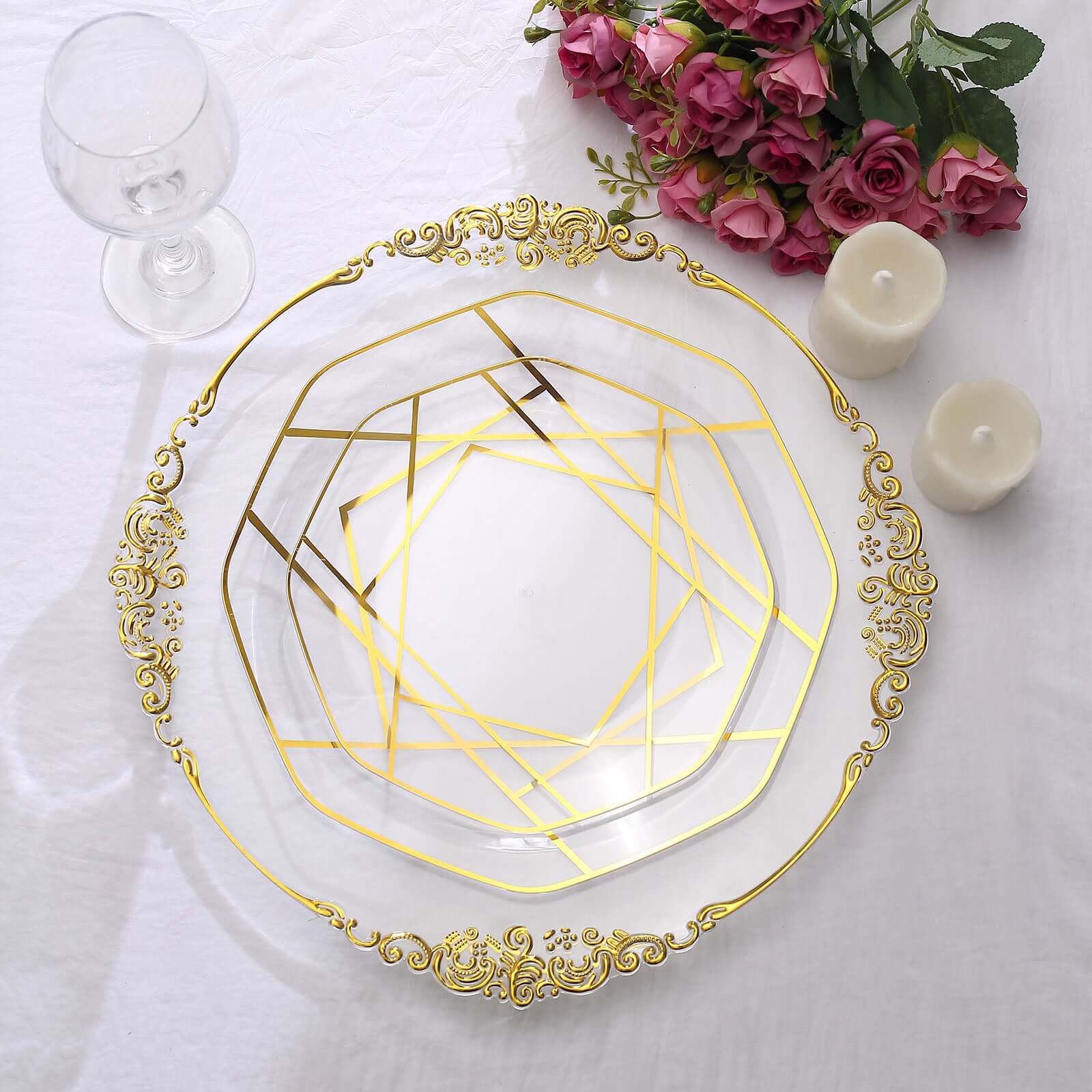 10-Pack Plastic 8 Octagon Dessert Plates in Clear - Modern Disposable Salad/Appetizer Plates with Gold Geometric Design for Special Occasions & Celebrations