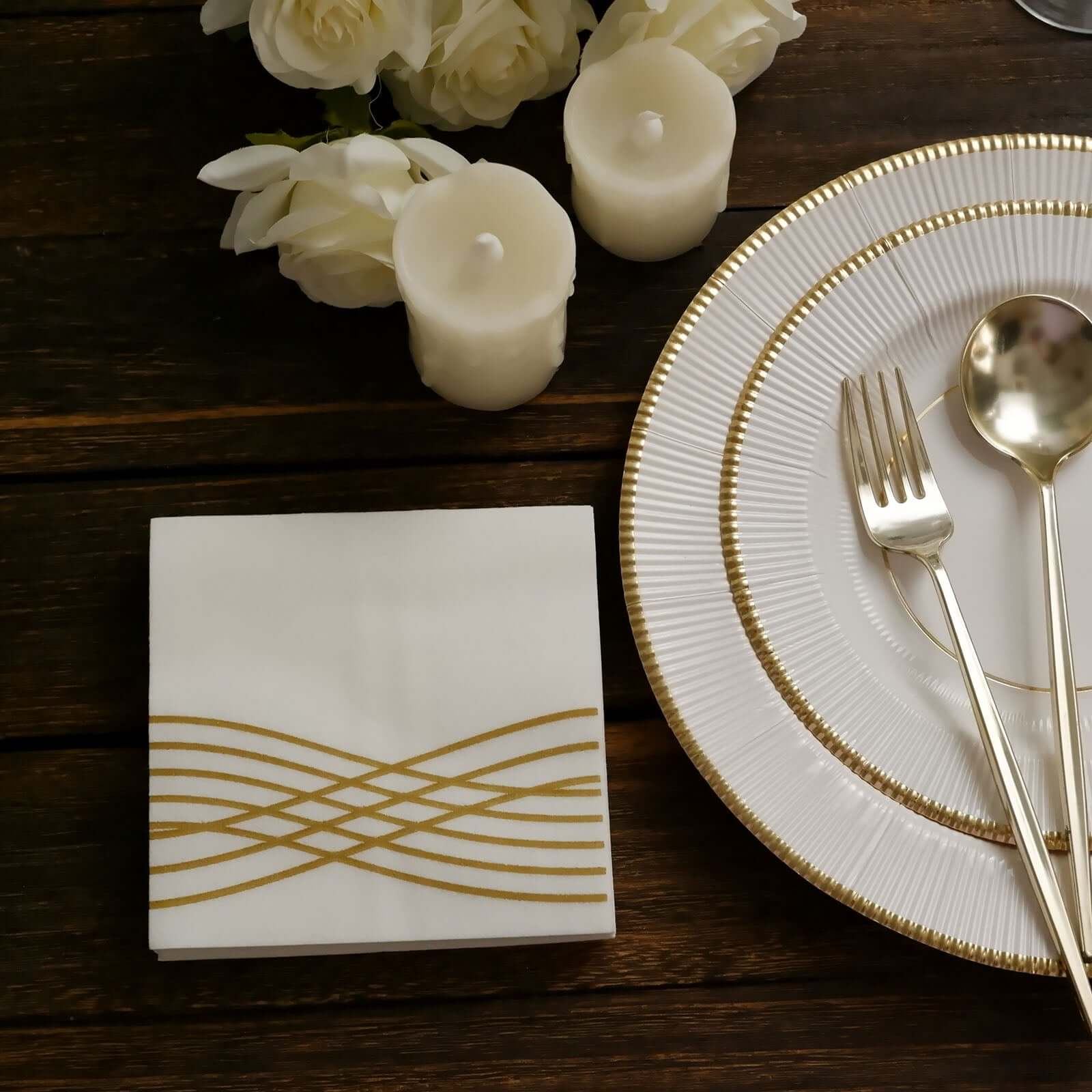 20 Pack Linen-Like Paper 5x5 Napkins White with Gold Foil Wave Design - Classy Disposable Airlaid Cocktail Napkins