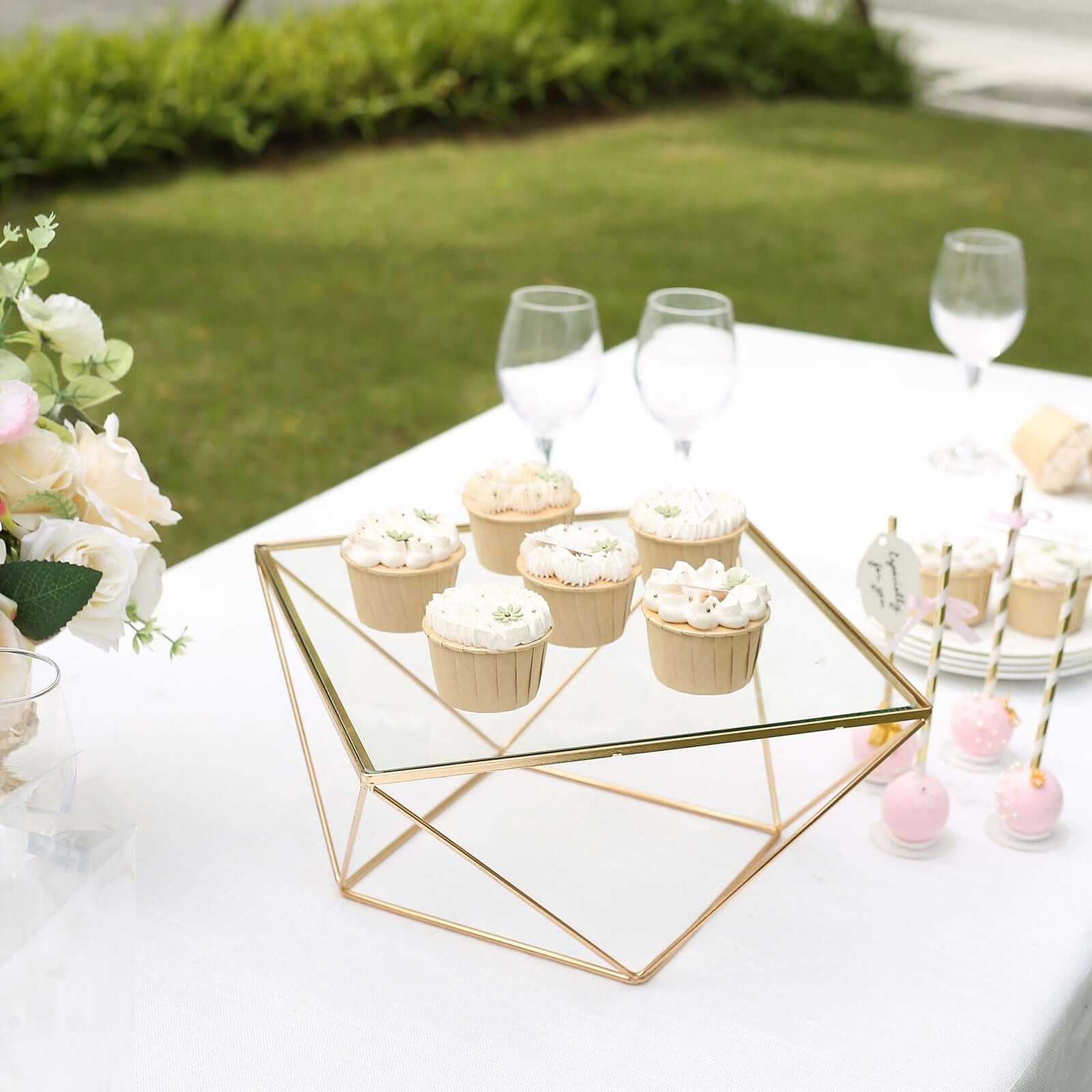 Metal Cake Stand Geometric Pedestal Riser Design Gold with Square Glass Top - Display Centerpiece 12