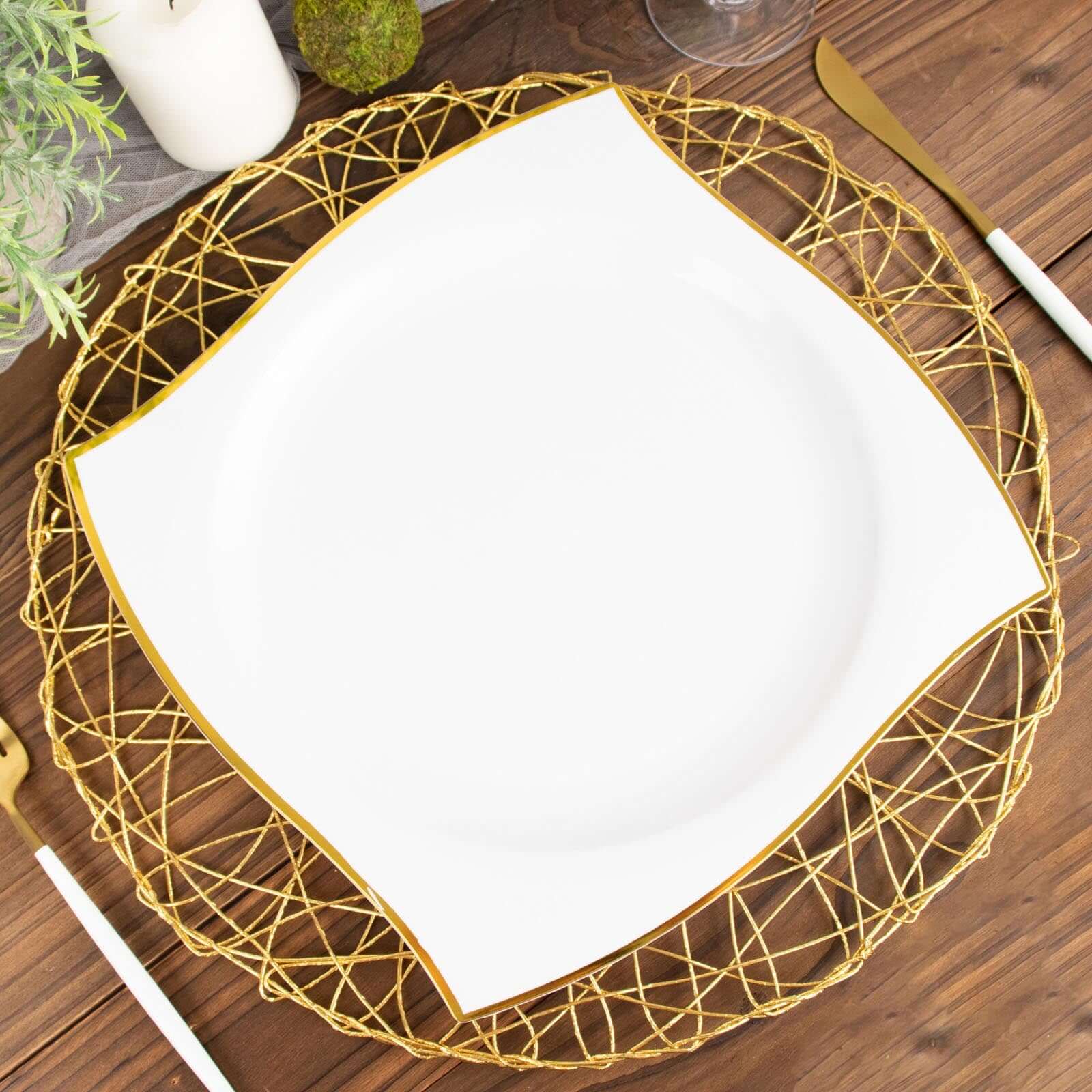 10-Pack Plastic 10 Square Dinner Plates in White with Gold Wavy Rim Modern - Disposable Party Plates for Luxe Events & Banquets