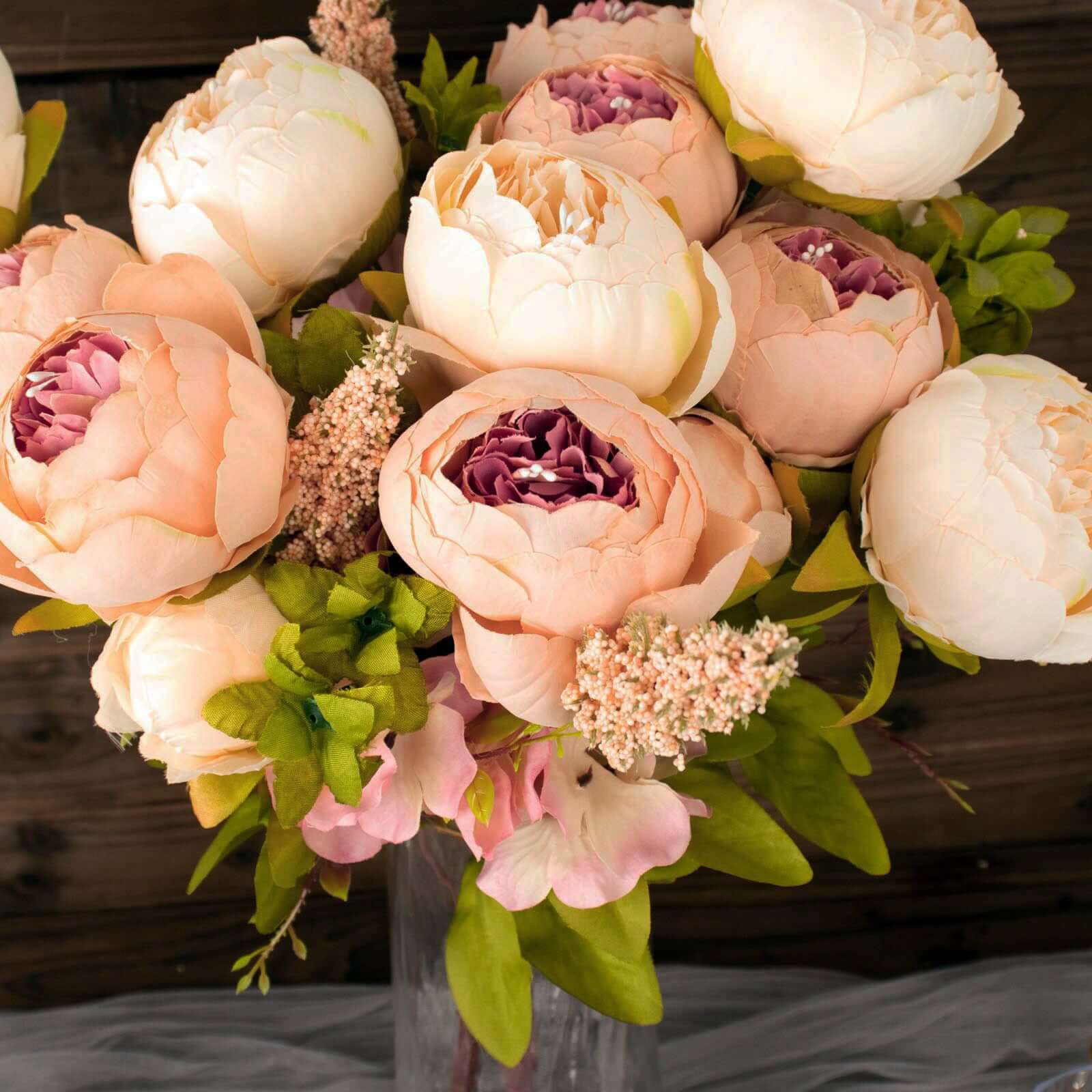 2 Pack 19 Cream Blush Artificial Peony Flower Wedding Bouquets, Faux Silk Flower Arrangements