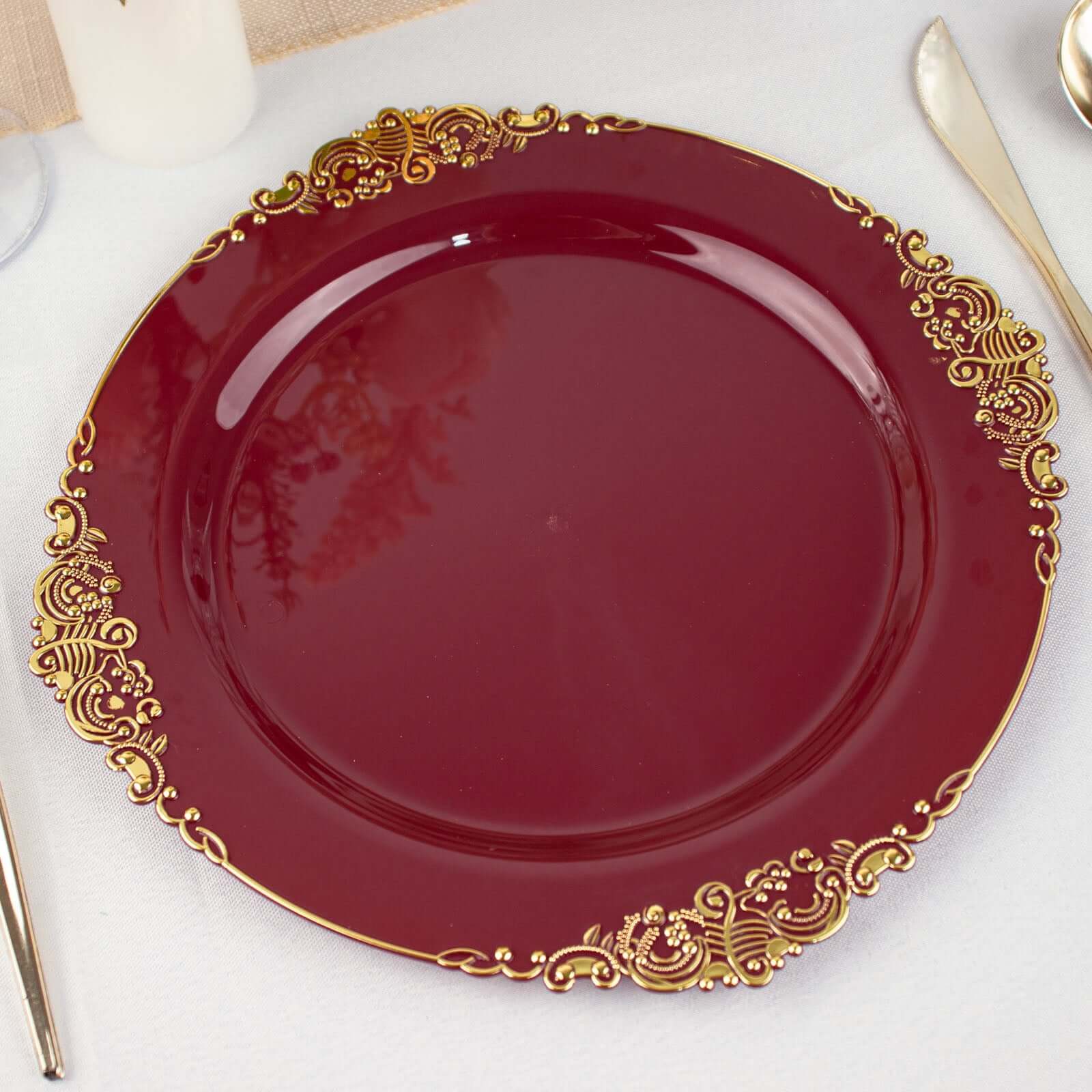 10-Pack Plastic 10 Round Dinner Plates in Burgundy with Gold Leaf Embossed Rim - Disposable Vintage Baroque Style Plates