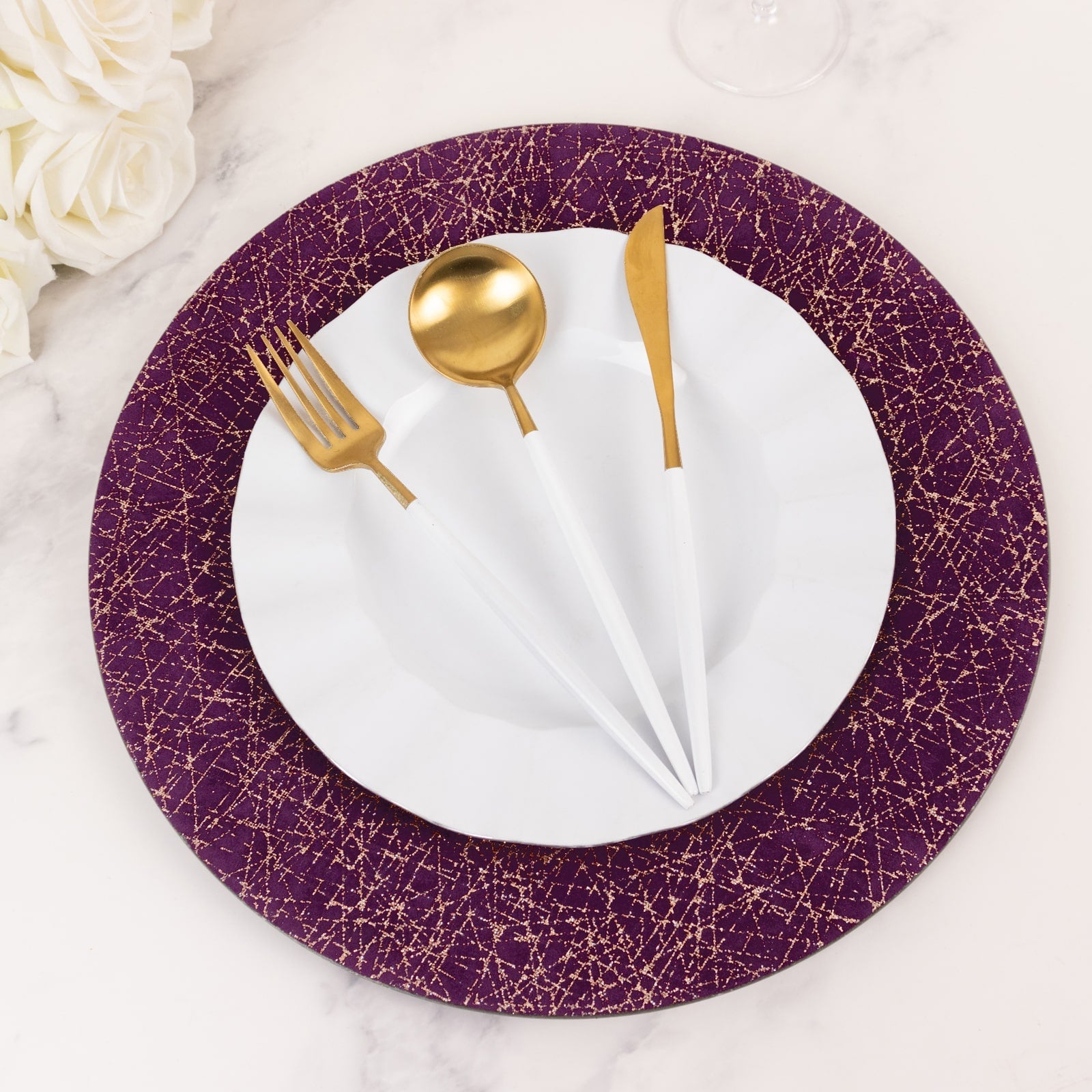 6-Pack Acrylic Round Charger Plates 13 in Purple with Gold Glitter Abstract Lines Pattern, Decorative Dinner Party Charger Tableware