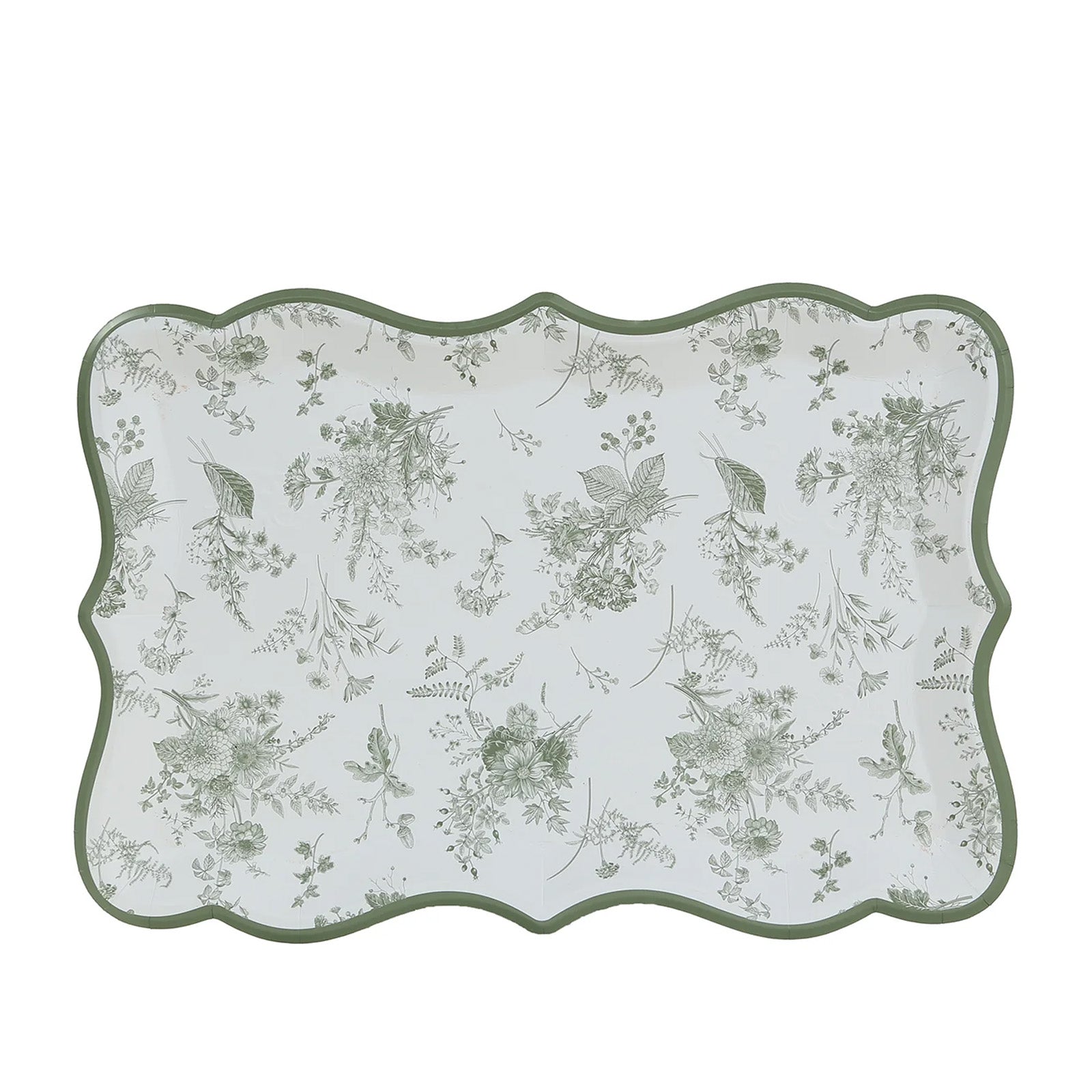 10-Pack Paper 14x10 Rectangle Serving Trays White/Sage Green - Heavy Duty Disposable 400GSM Cardboard Party Platters with French Toile Pattern for Weddings & Parties