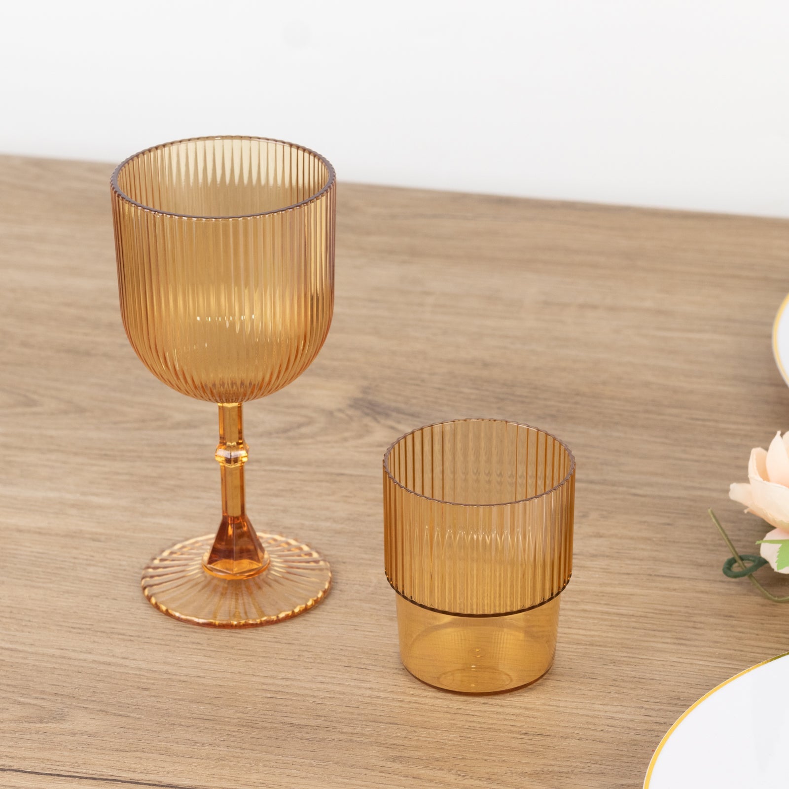 12-Pack Plastic Goblets Amber Gold Vintage Ribbed Pattern - Reusable Shatterproof Glassware 9oz