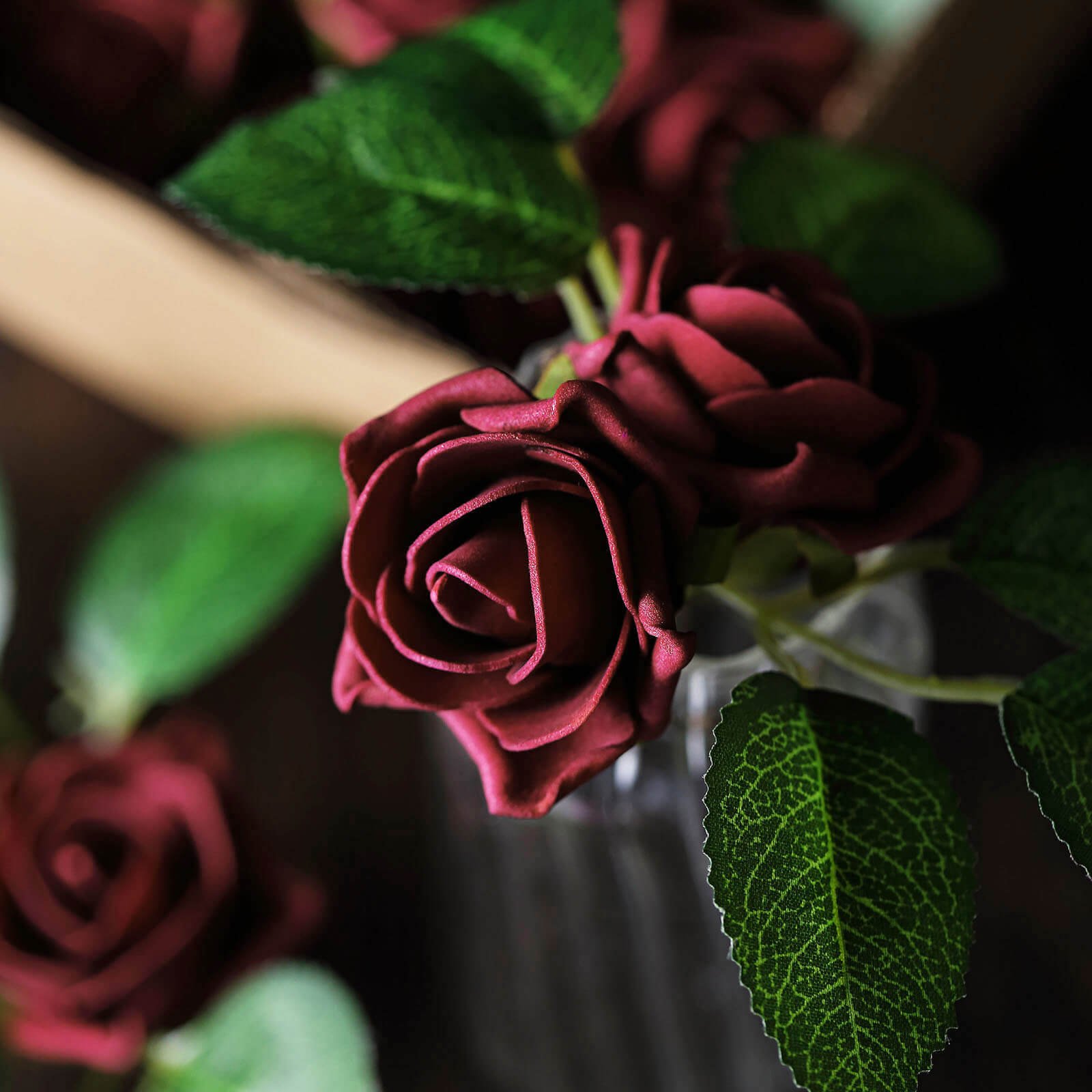 24 Roses 2 Burgundy Artificial Foam Flowers With Stem Wire and Leaves