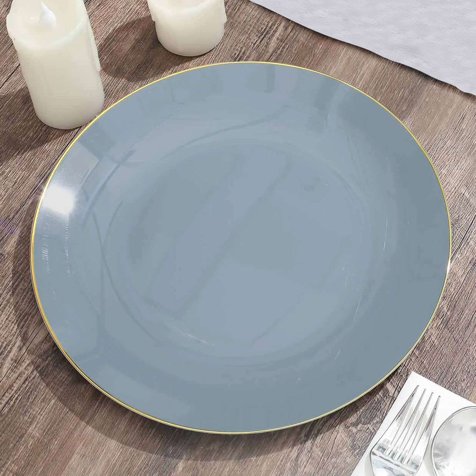 10-Pack Plastic 10 Round Dinner Plates in Dusty Blue with Gold Rim - Glossy Disposable Party Plates