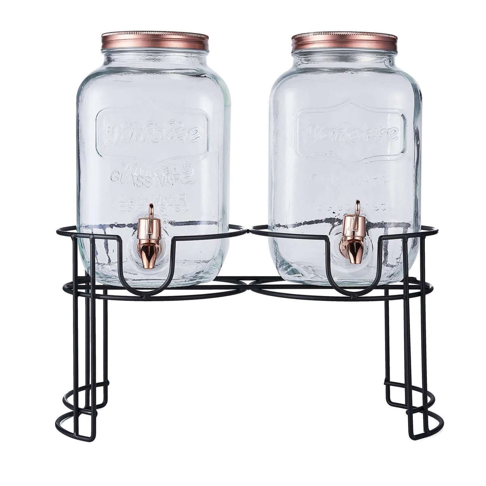 2-Pack Clear Glass Beverage Dispenser Stand, Dual Juice Jars with Rose Gold Metal Lids and Spigot - Convenient Serving Feature 2-Gallon