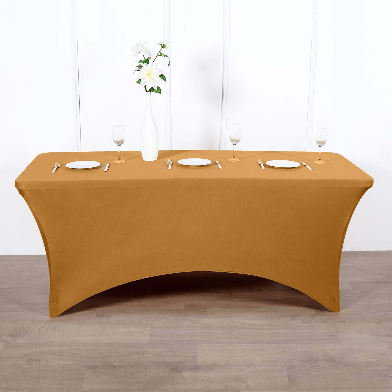 Stretch Spandex 96x30 Rectangle Table Cover Gold - Durable Form-Fitting Tablecloth for Events & Presentations