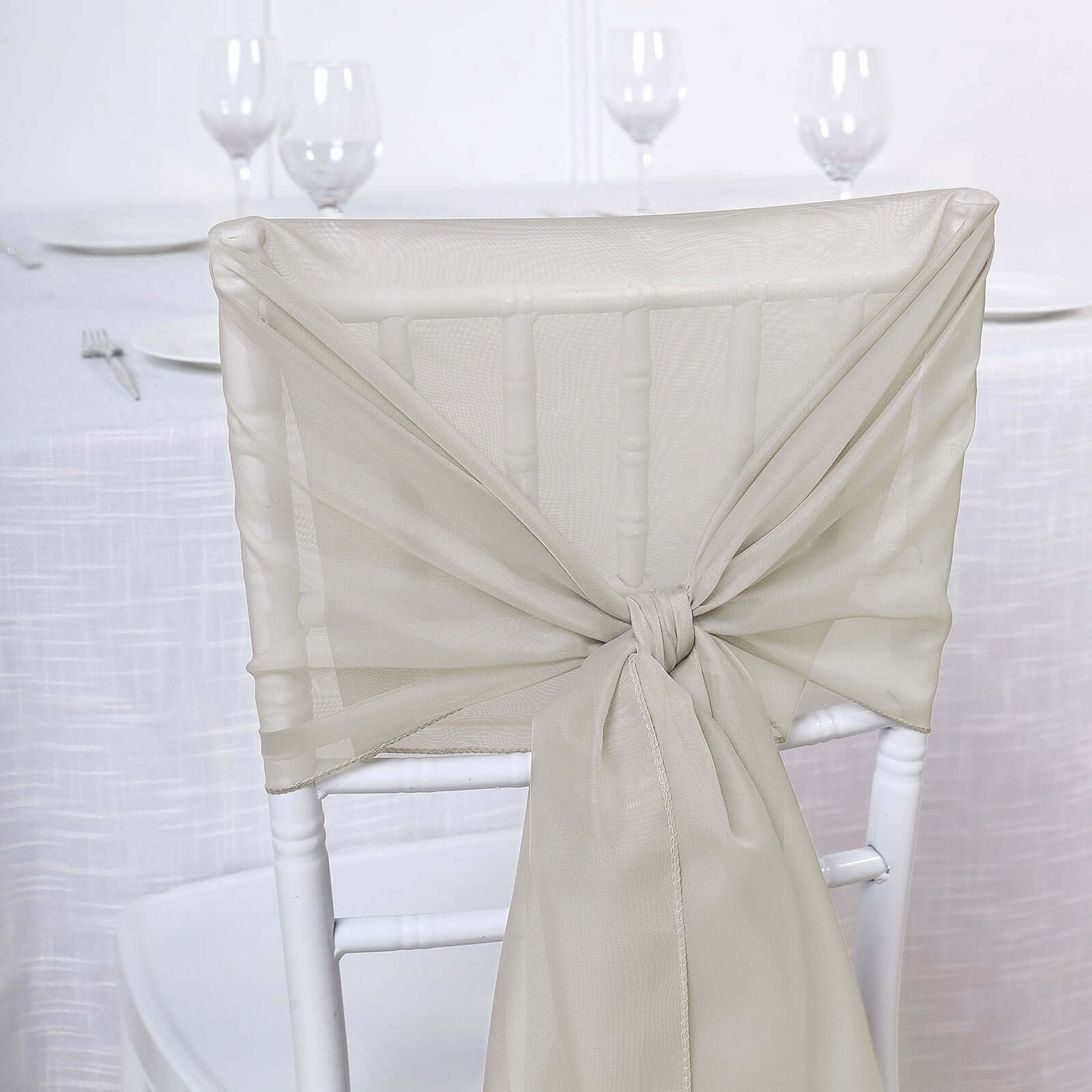 5 Pack Premium Chiffon Chair Sashes Beige - Soft & Lightweight Designer Chair Bows 22x78