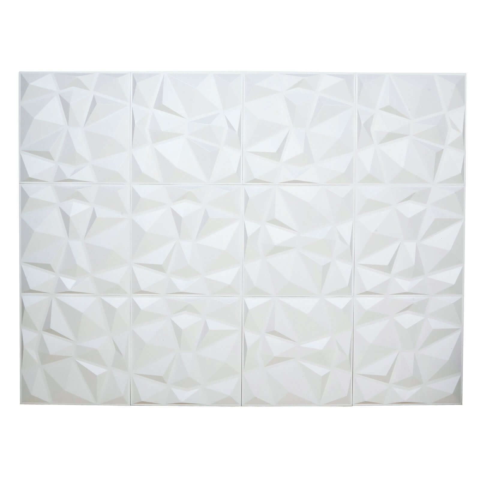 12 Pack 20x20 Matte White 3D Texture PVC Diamond Design Wall Tiles, Stick On Waterproof Wall Panels