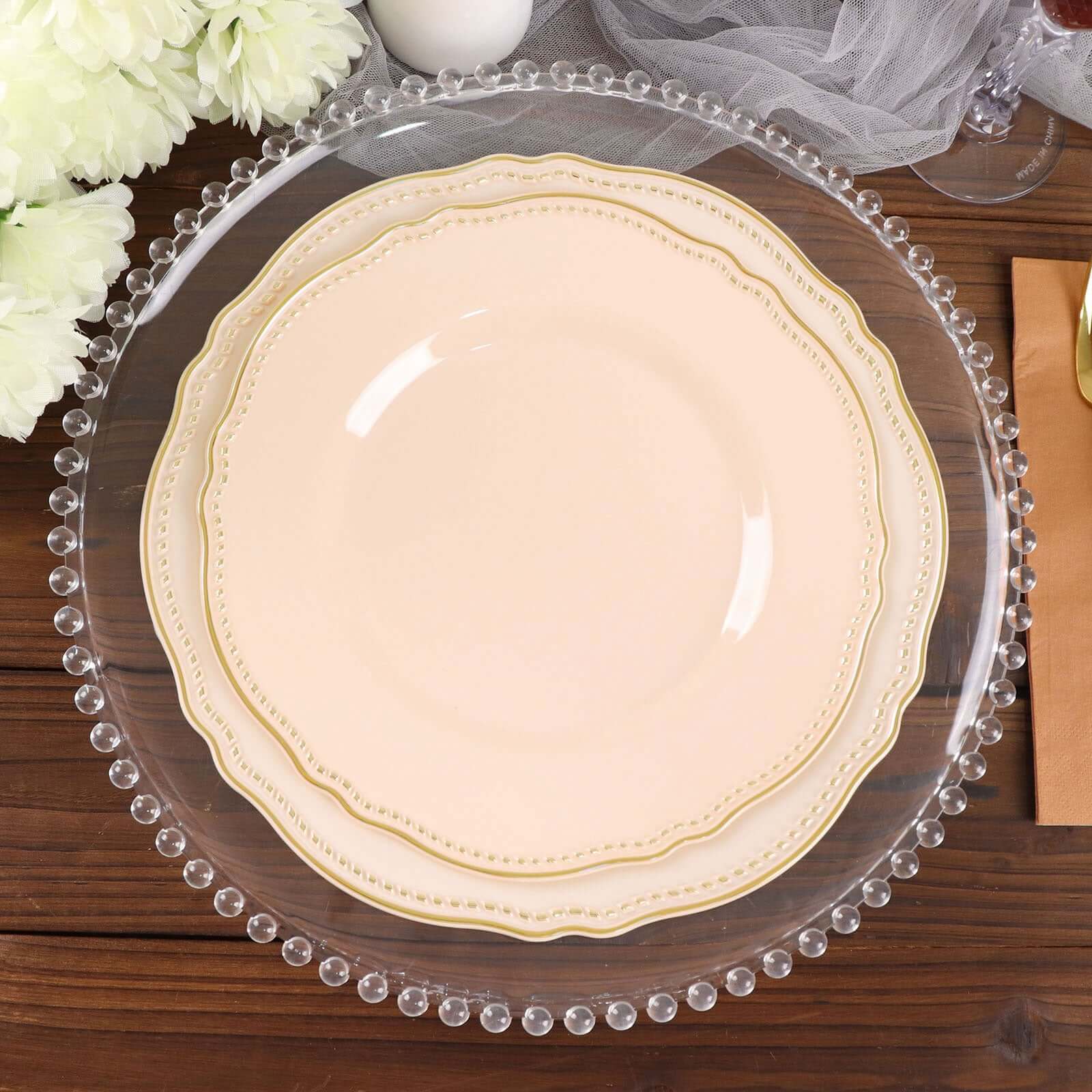 10-Pack Plastic 10 Dinner Plates in Nude with Gold Scalloped Rim - Disposable Large Party Plates