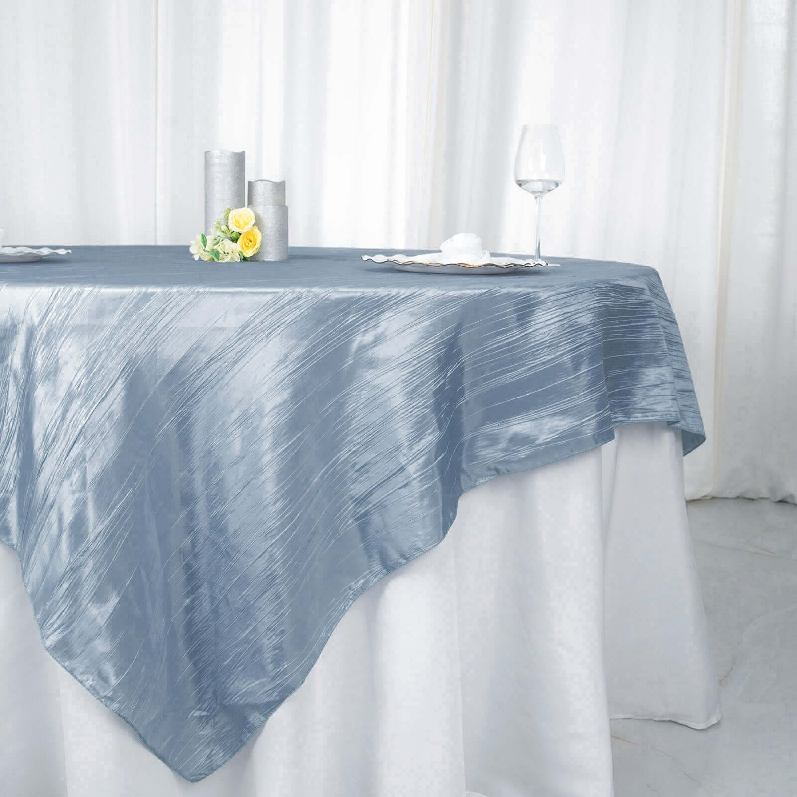 Taffeta 90x90 Table Overlay Square Tablecloth Dusty Blue - Accordion Crinkle Table Cover