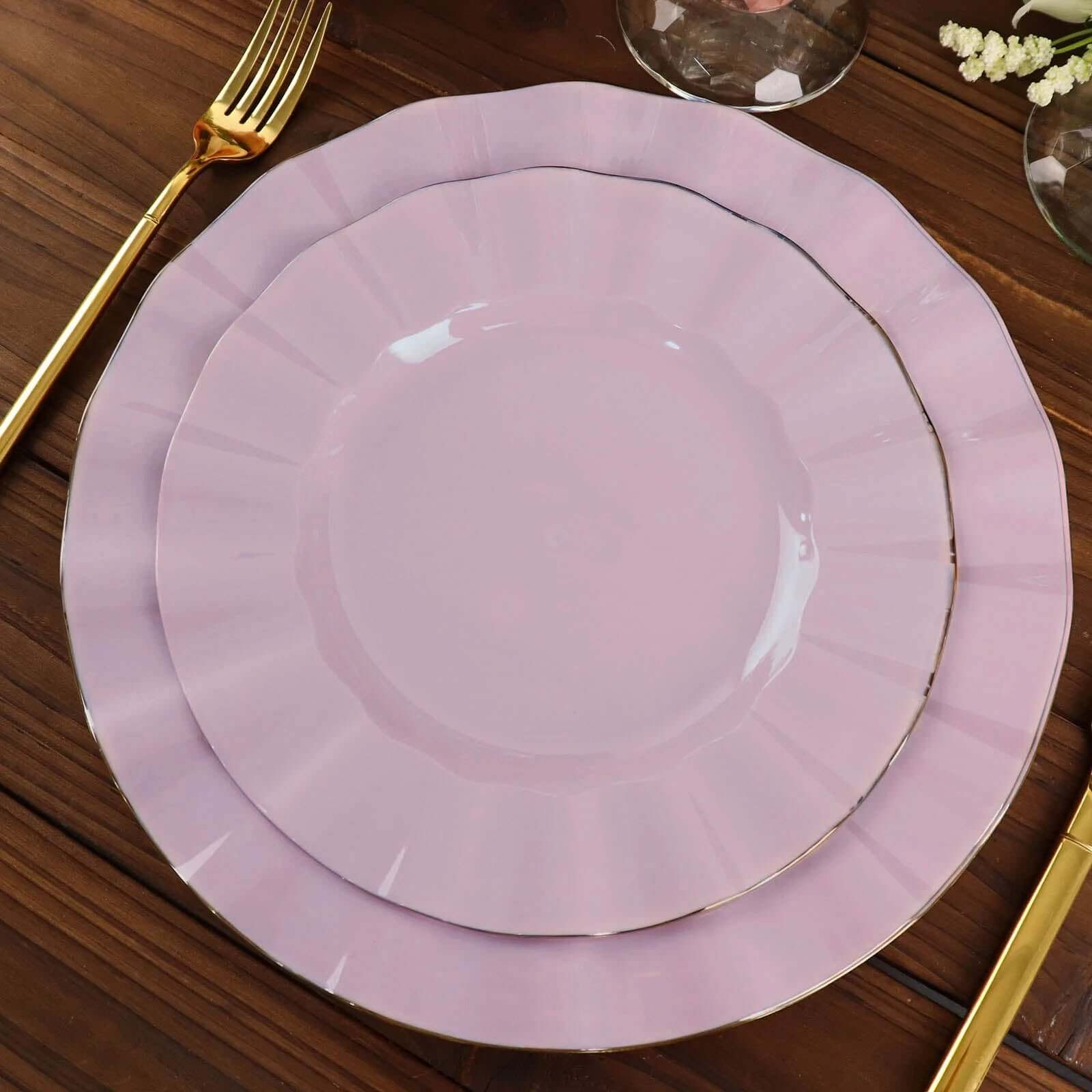 10-Pack Plastic 9 Round Dinner Plates in Lavender Lilac Ruffled Rim with Gold Edging - Sturdy Disposable Dinnerware