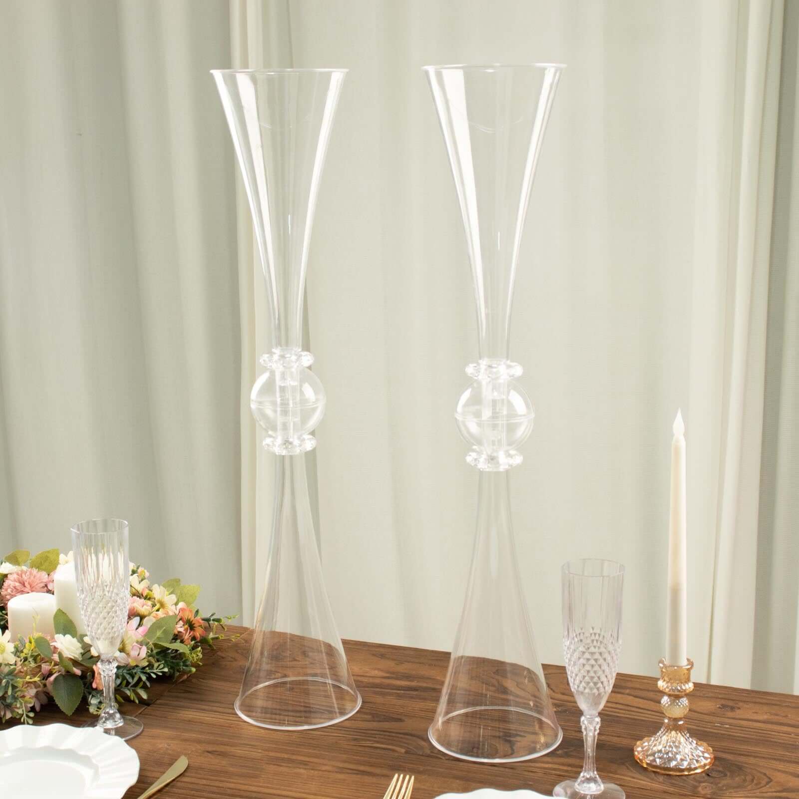 2-Pack Flower Vases Trumpet Design with Crystal Embellishments Clear - Reversible Plastic Centerpieces for Events 27