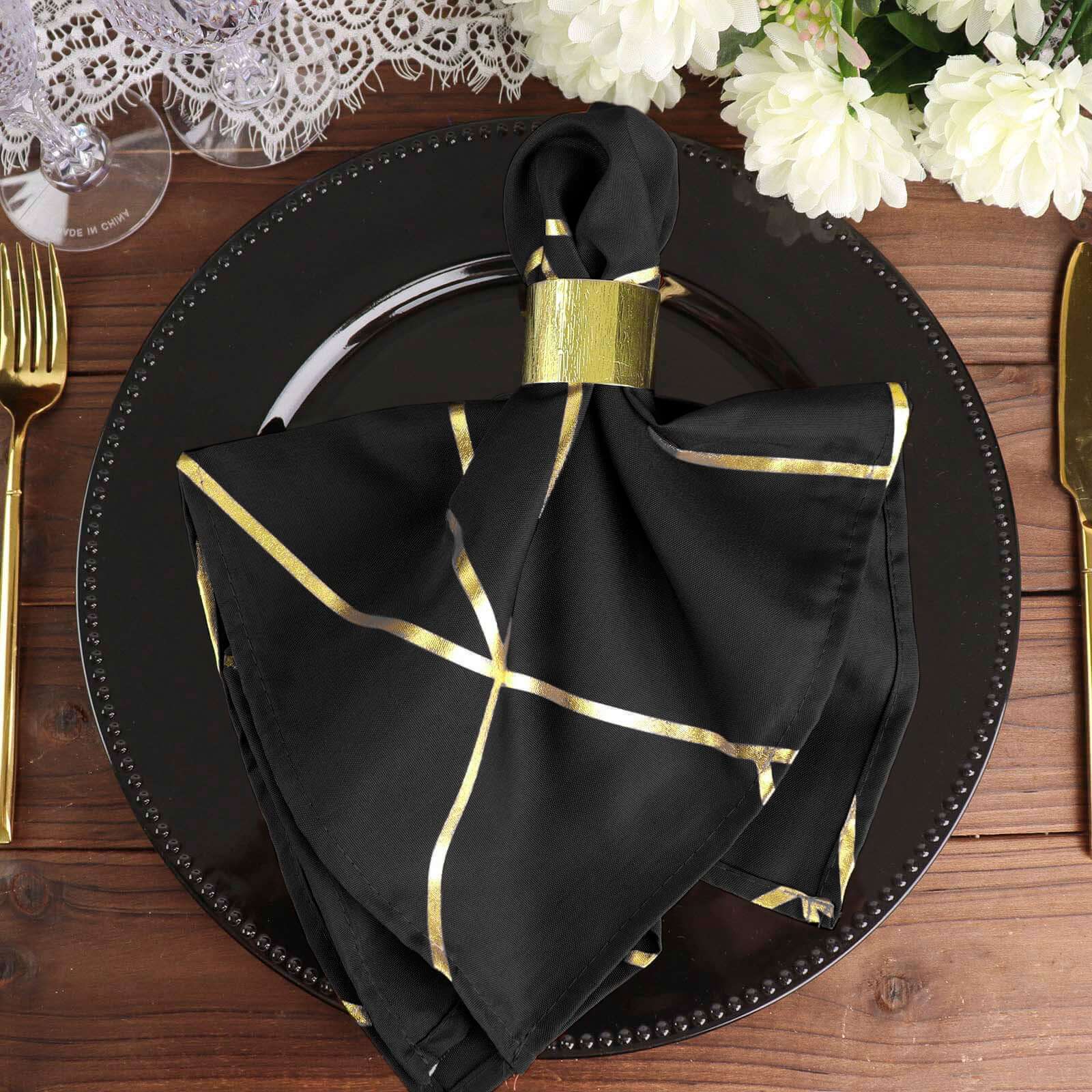 5 Pack Polyester 20x20 Napkins Black with Gold Geometric Foil Pattern - Modern Reusable Dinner Napkins