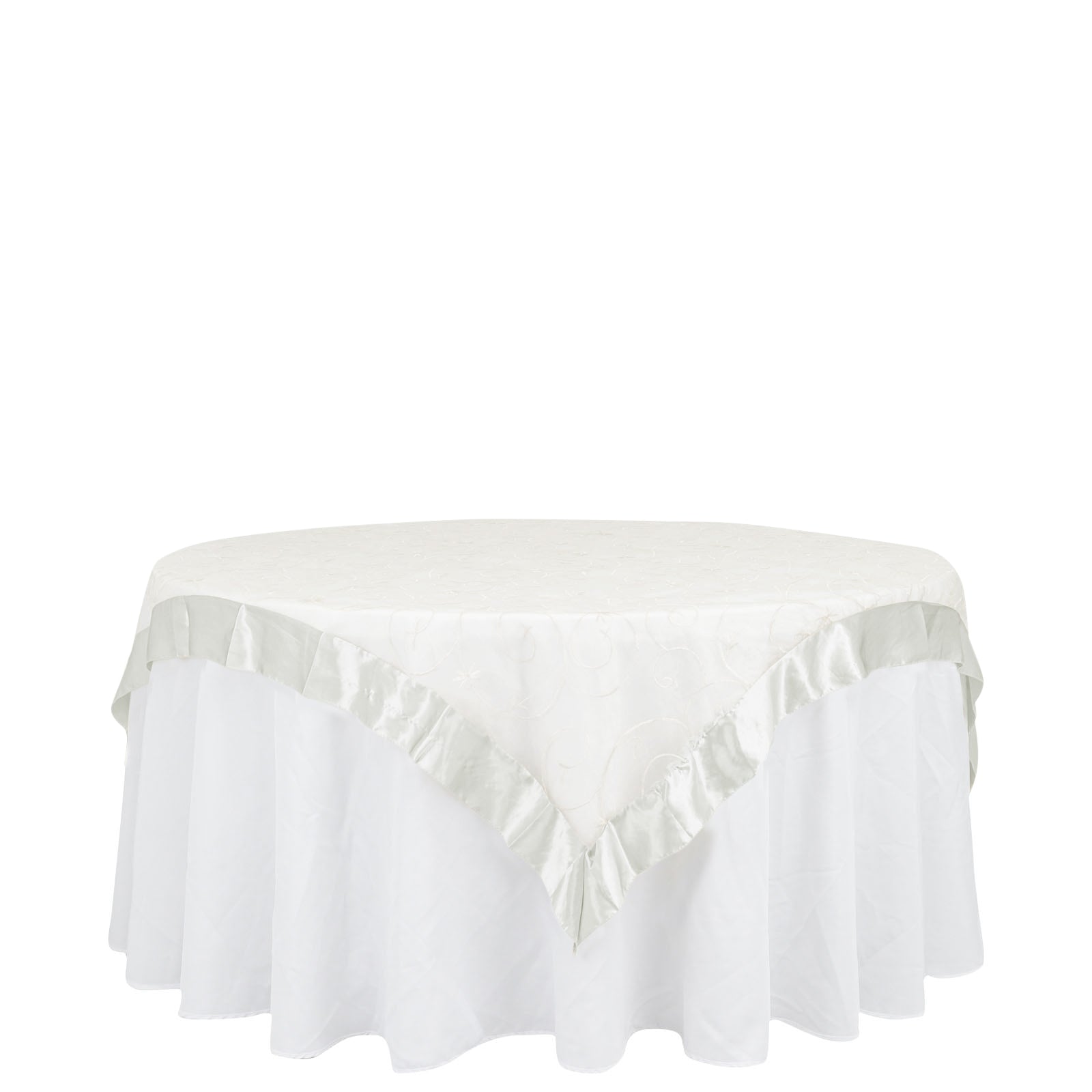 60x60 Ivory Embroidered Sheer Organza Square Table Overlay With Satin Edge