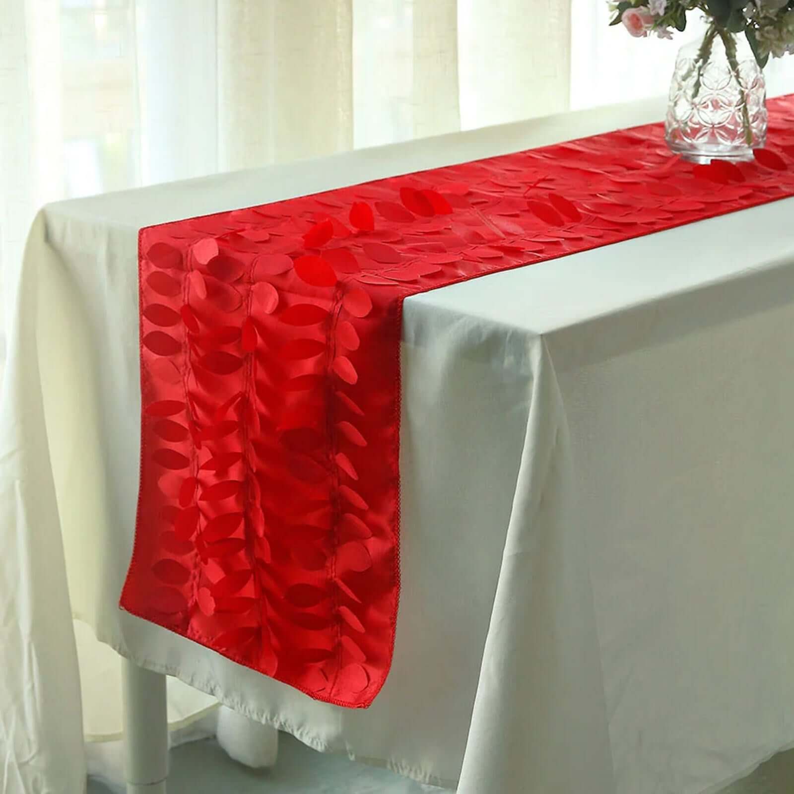 Taffeta Fabric 12x108 Table Runner Red - 3D Leaf Petal Design