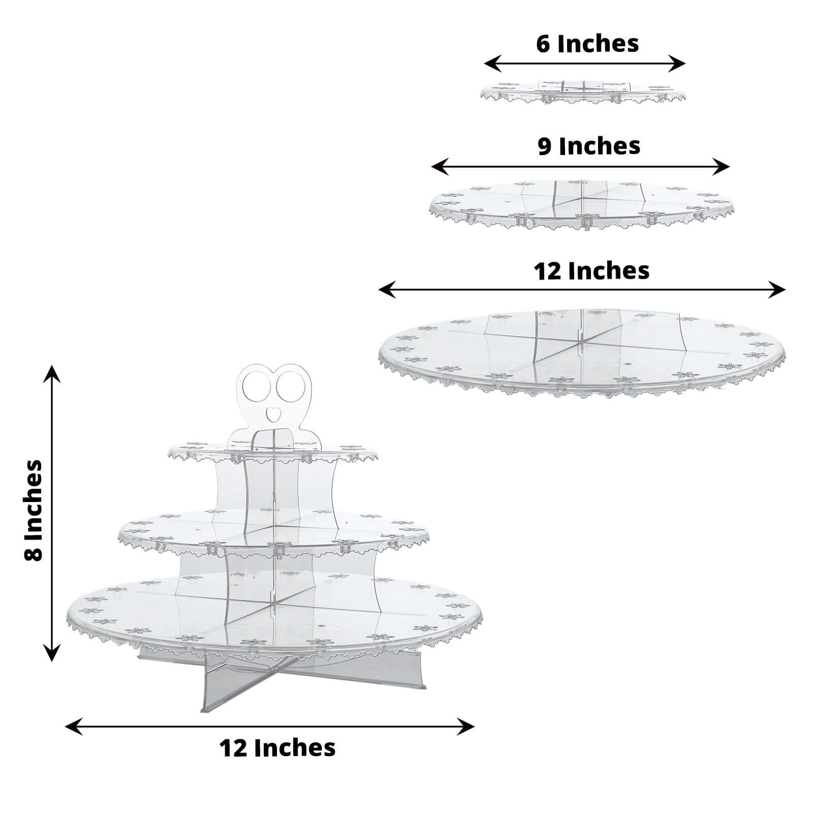 3-Tier Plastic Cucpake & Cake Pop Stand Clear - Decorative Reusable Lollipop Holder Dessert Tower with Floral Edges for Birthday Baby Shower & Tea Parties 12