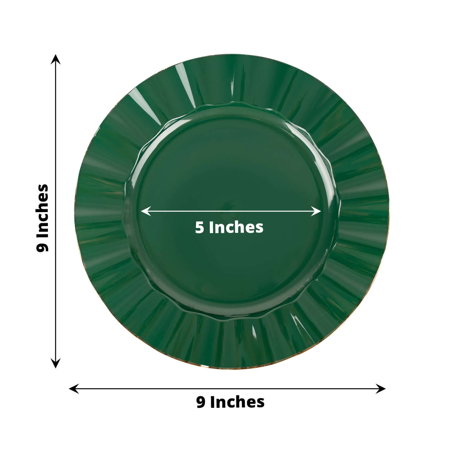 10-Pack Plastic 9 Round Dinner Plates in Hunter Emerald Green Ruffled Rim with Gold Edging - Sturdy Disposable Dinnerware