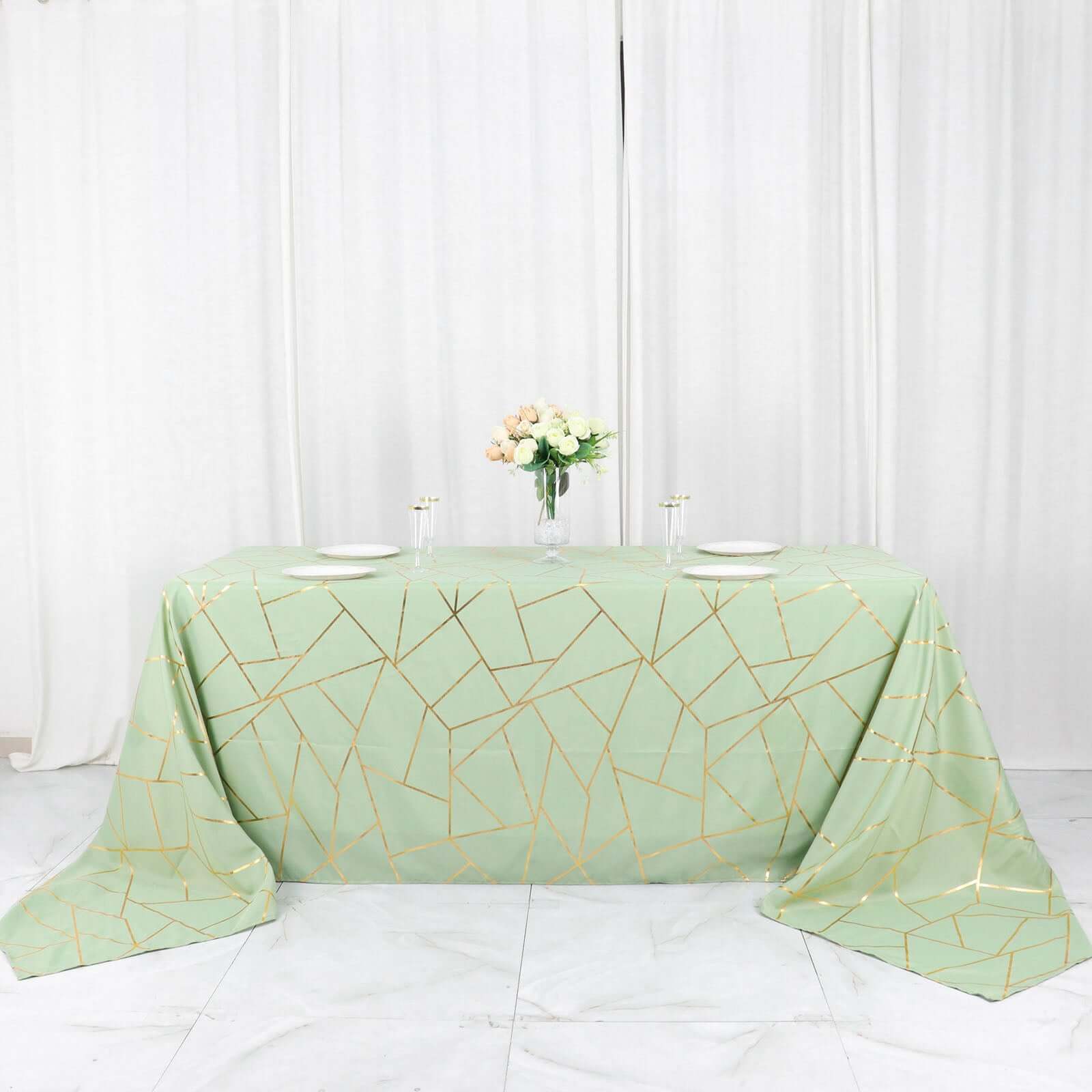 Polyester 90x156 Rectangle Tablecloth Sage Green Seamless with Gold Foil Geometric Pattern - Wrinkle-Resistant Seamless Table Cover for Sophisticated Events