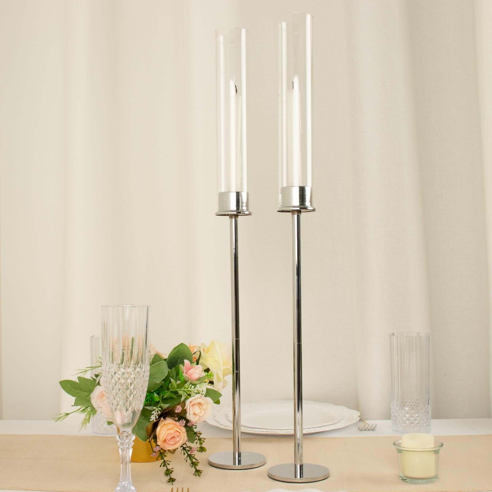 2-Pack Silver Metal Taper Candlestick Holders, Clear Glass Hurricane Candle Stands With Chimney Candle Shades 24