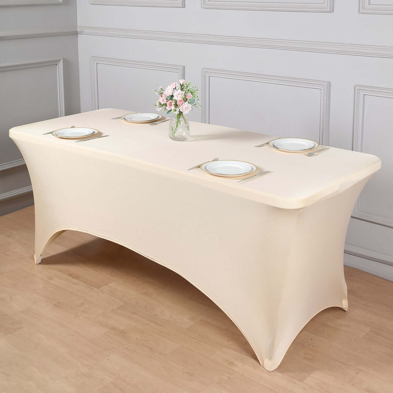 Stretch Spandex 6ft Rectangle Tablecloth Beige - Durable Form-Fitting Table Cover for Events & Presentations