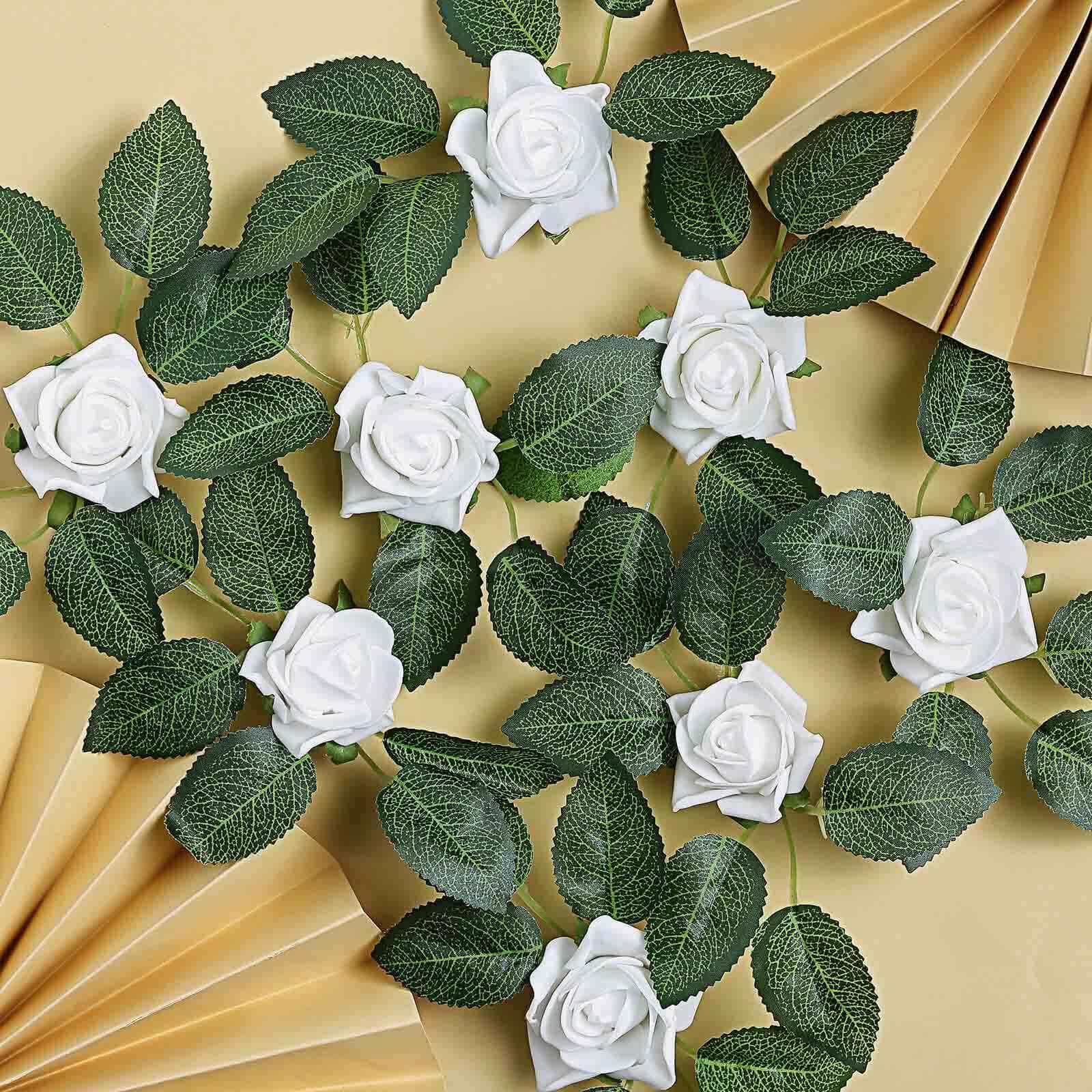 24 Roses 2 White Artificial Foam Flowers With Stem Wire and Leaves