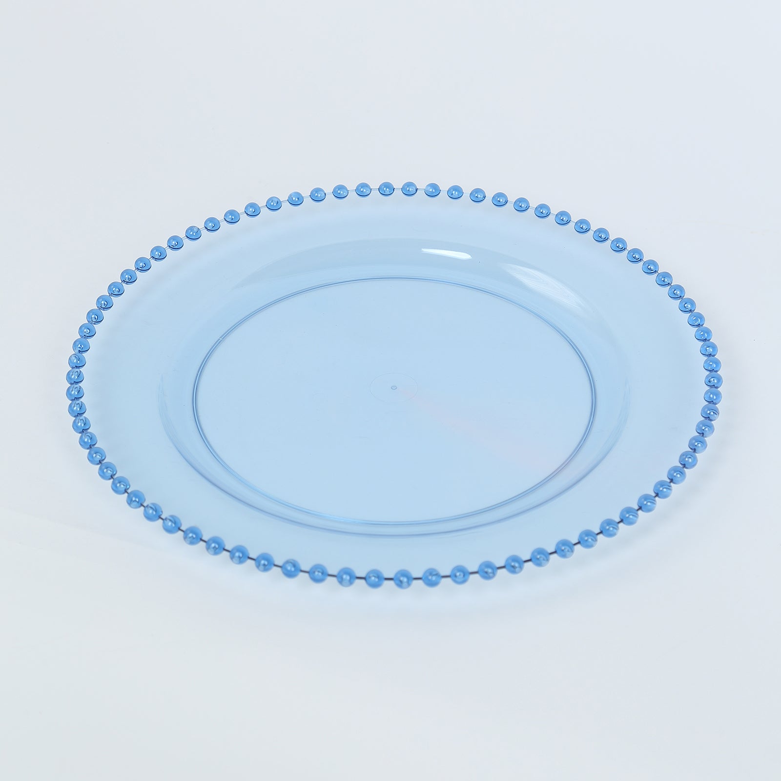 10-Pack Plastic 10 Round Dinner Plates in Transparent Dusty Blue with Beaded Rim - Disposable Party Plates