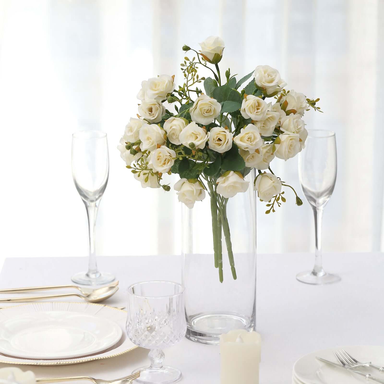 2 Pack 12 Ivory Artificial Open Rose Flower Arrangements, Small Faux Floral Bouquets