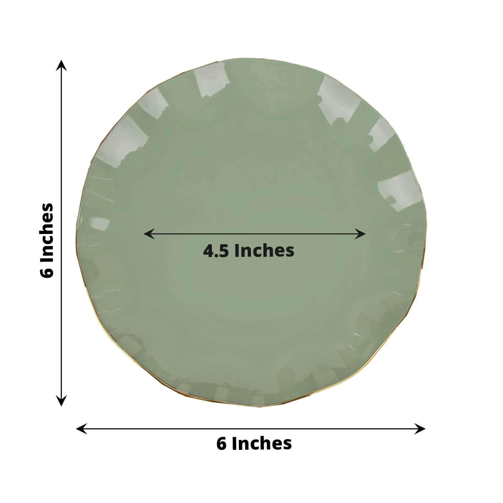 10-Pack Plastic Round 6 Dessert Plates in Dusty Sage Green Ruffled Rim with Gold Edging - Sturdy Disposable Salad Appetizer Dinnerware